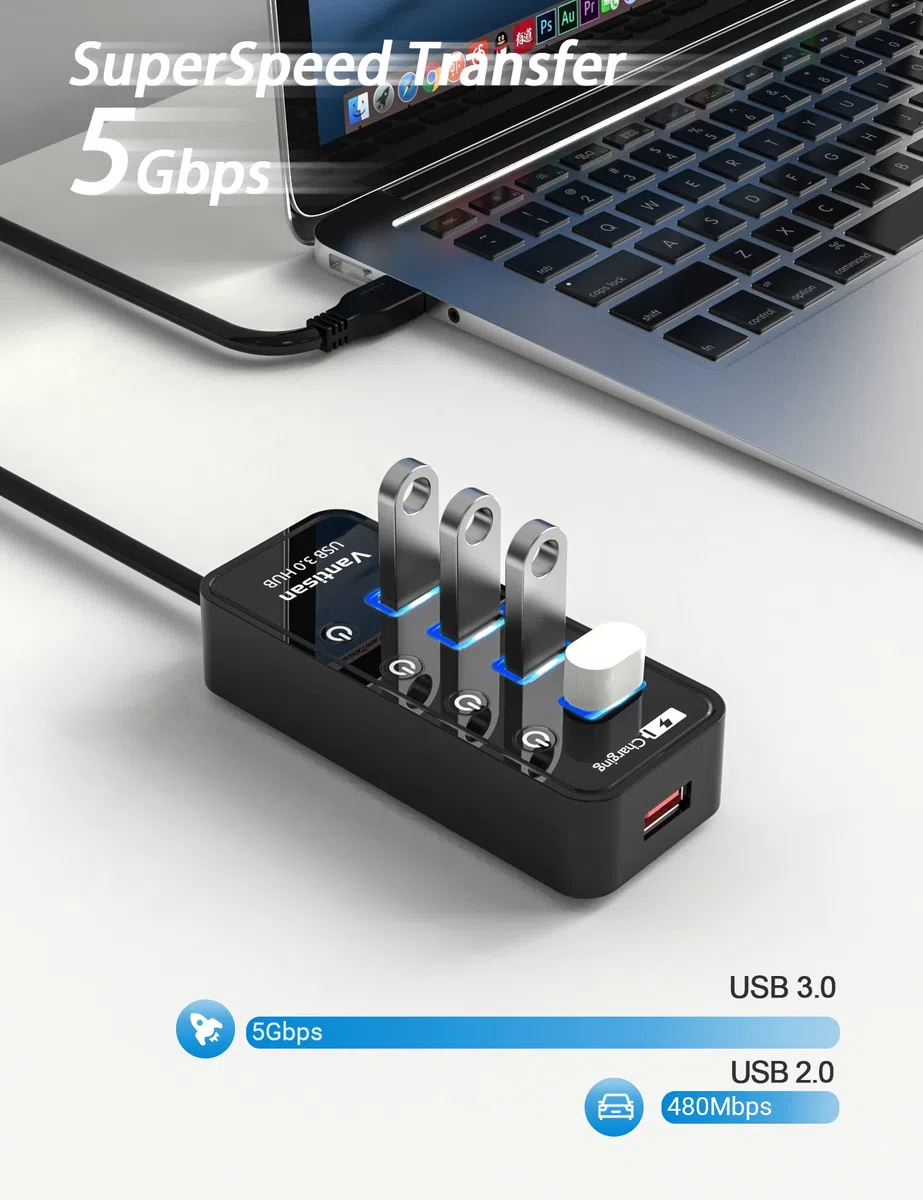 vantisan 4 porty USB 3.0 Hub zasilany z zasilaczem 5 V/3 A