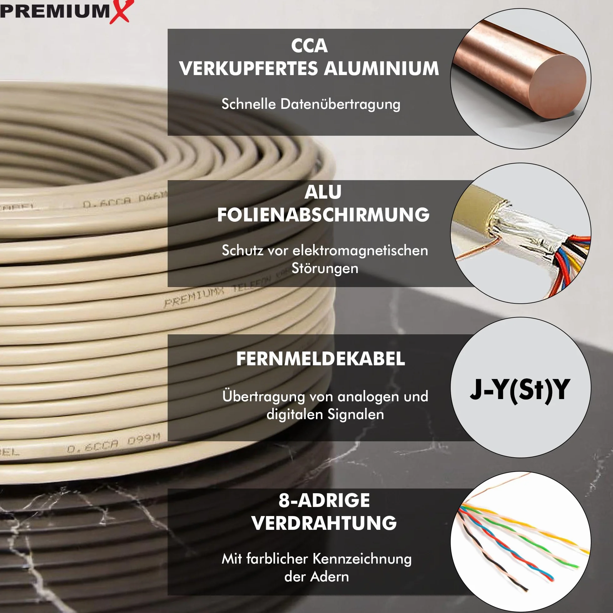 PremiumX Kabel Telefoniczny 100m 4-Żyły 4x2x0,6mm J-Y(ST) Y - Kabel Instalacyjny, Kabel Telekomunikacyjny, Ekranowanie Aluminiowe, Projekt CCA, do Użytku Wewnętrznego/Zewnętrznego