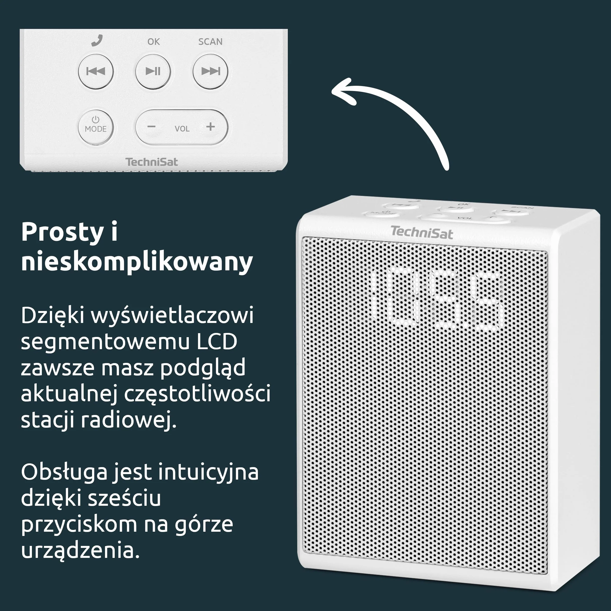 TechniSat VIOLA Radio z gniazdkiem, kompaktowe radio FM do gniazdka (Bluetooth, zestaw głośnomówiący, przyciski sterujące, 30 ulubionych, głośnik mono 1,5 W), białe