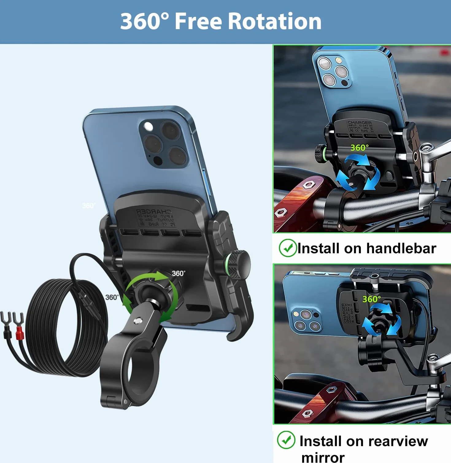 iMESTOU Uchwyt motocyklowy do telefonu Ładowarka z portem ładowania Quick Charge USB3.0, uchwyt na kierownicę/lusterko wsteczne Uchwyt mobilny obracany o 360° dla smartfonów 3,5"-6,8"