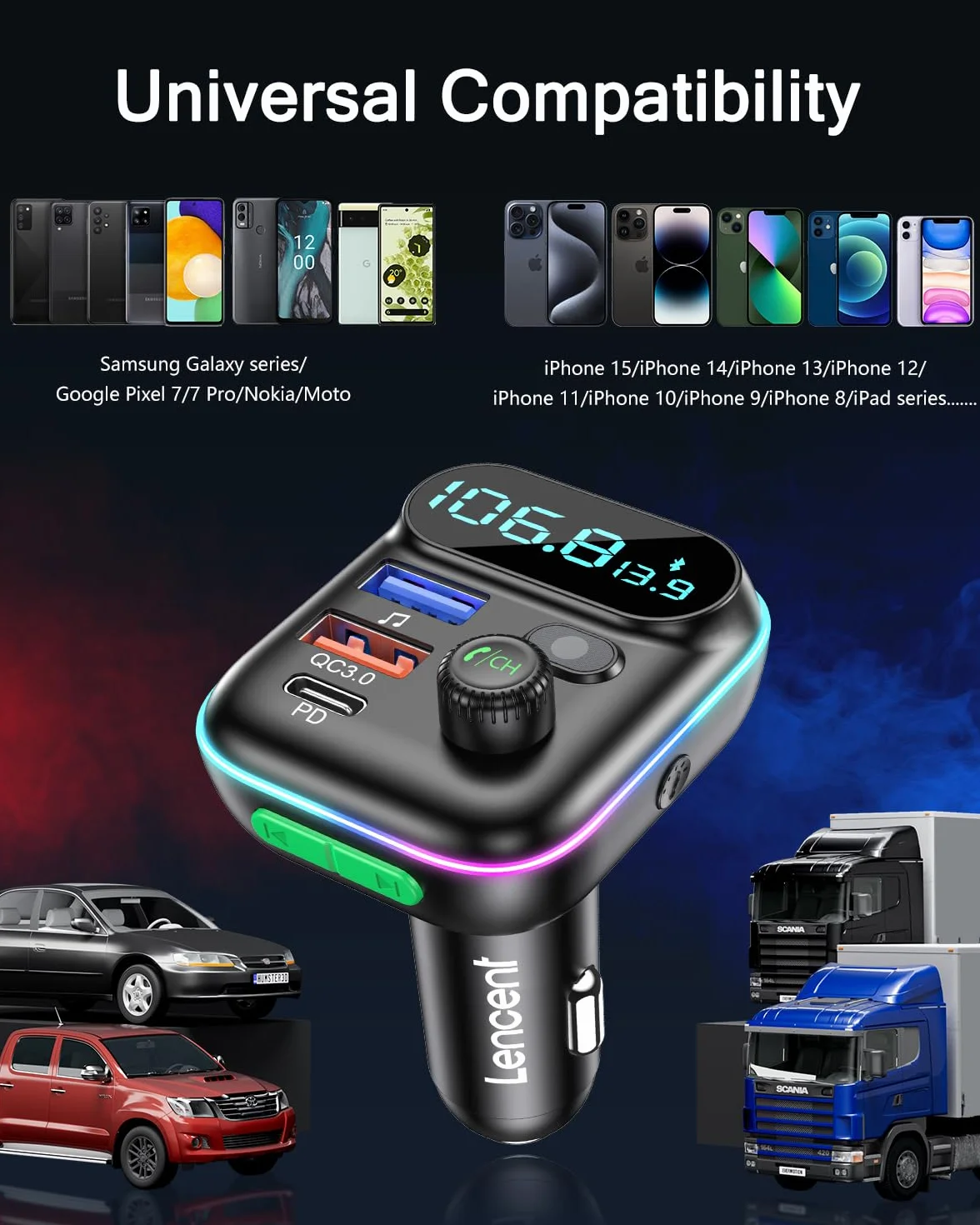 LENCENT Samochodowy nadajnik FM Bluetooth, ładowarka z przyłączem PD3.0 (USB-A) i QC3.0(USB-C), funkcja głośnomówiąca bezprzewodowy samochodowy odtwarzacz,transmiter, MP3, karta TF(micro SD)