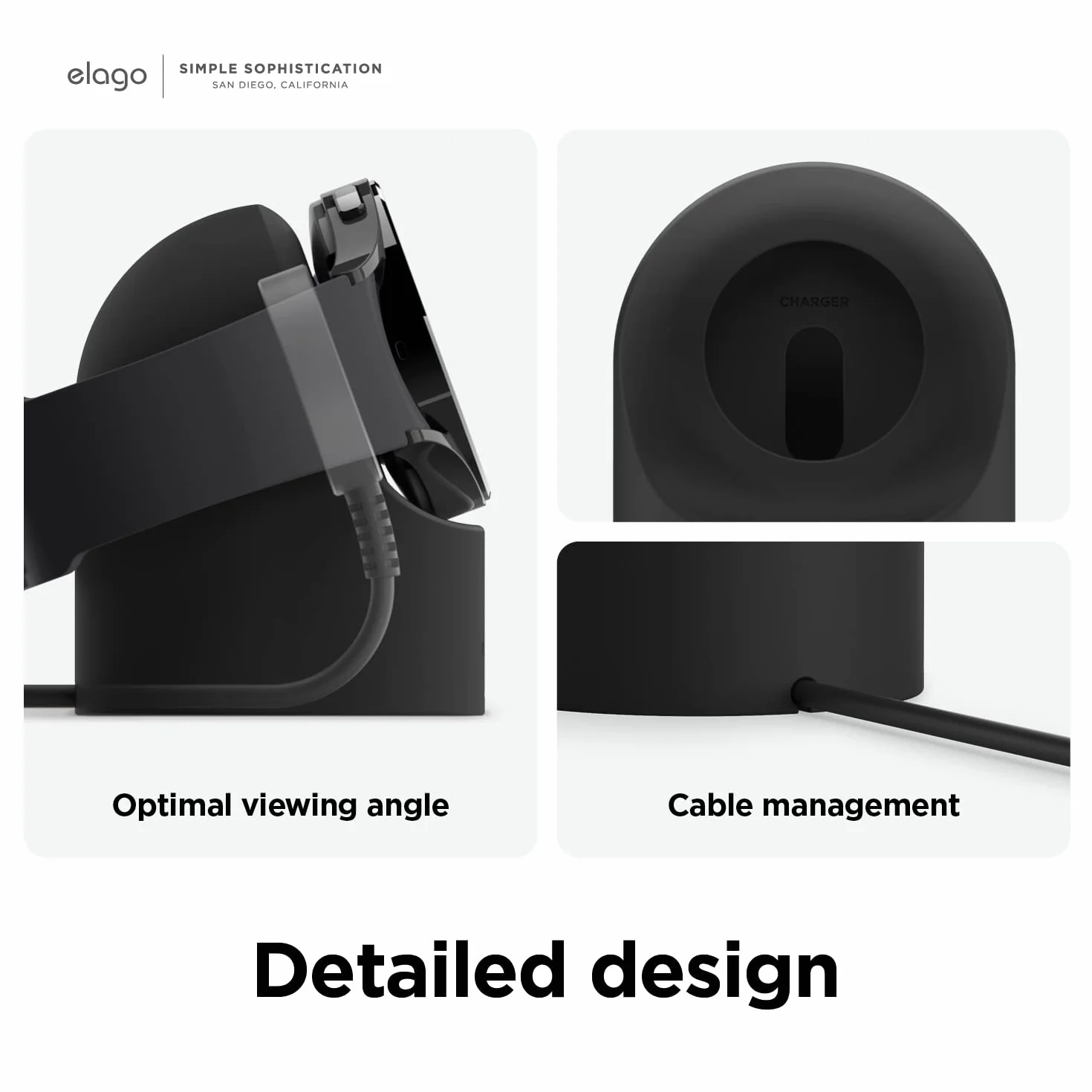 Elago Stojak na ładowarkę do Samsung Galaxy Watch 7/7 Ultra, 6/6 Classic, 5/5 Pro [40/43/44/45/47mm], tryb szafki nocnej, zarządzanie kablami (kabel do ładowania nie wchodzi w zakres dostawy), czarny