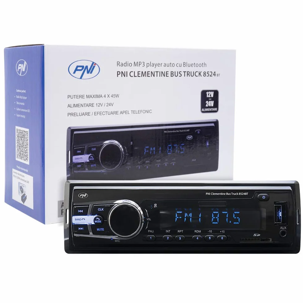 PNI Samochodowy Odtwarzacz MP3 z radiem 8524BT 4x45w 12V / 24V 1 DIN cu SD, USB, AUX, RCA SI Bluetooth 24 V