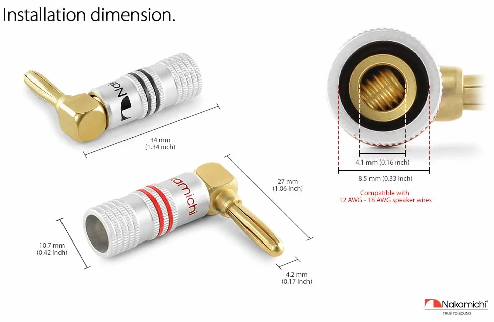 Nakamichi Excel Series 24K pozłacany wtyk bananowy 12 AWG - 18 AWG Rozmiar miernika 4 mm do głośników Wzmacniacz Hi-Fi Odbiornik AV Stereo Kino domowe Złącze Audio (4, Wtyki bananowe kątowe)