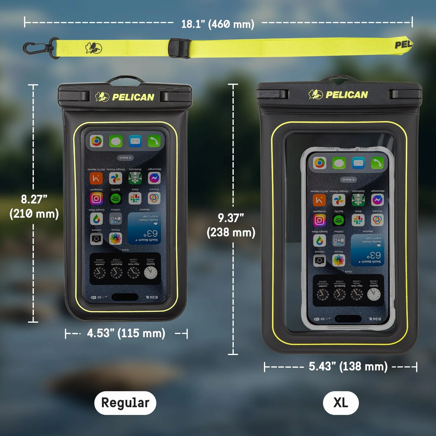 Pelican Marine - Wodoodporne etui na telefon IP68 (rozmiar regularny) - pływające wodoodporne etui na telefon iPhone 14 Pro Max/ 13 Pro Max/ 12 Pro Max/ 11/ S22 Ultra - Odpinana smycz - czarny/żółty