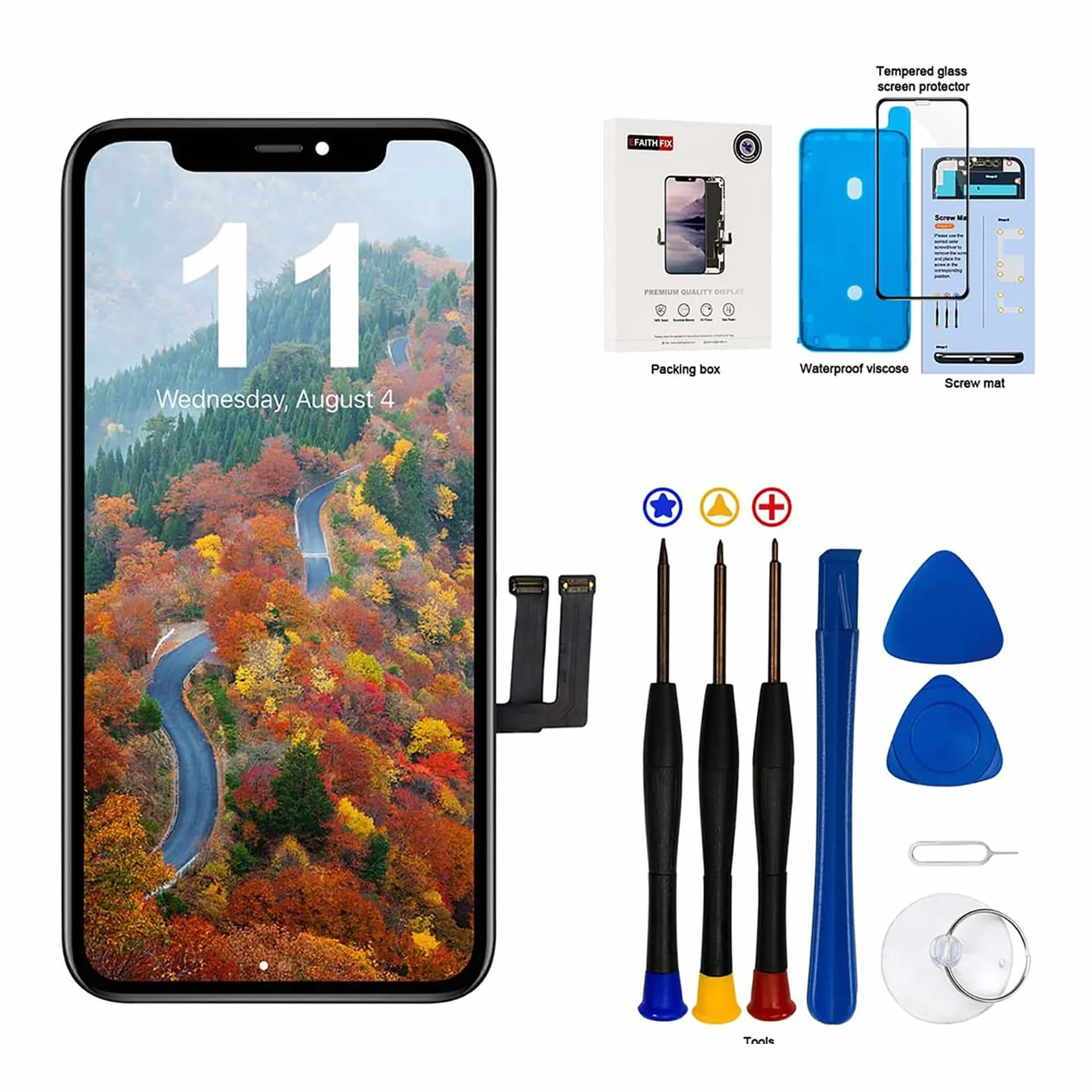 EFaith Zamiennik ekranu do iPhone'a 11, wyświetlacz LCD 15.5 cm, ekran dotykowy 3D, zestaw narzędzi naprawczych, klej i szkło hartowane