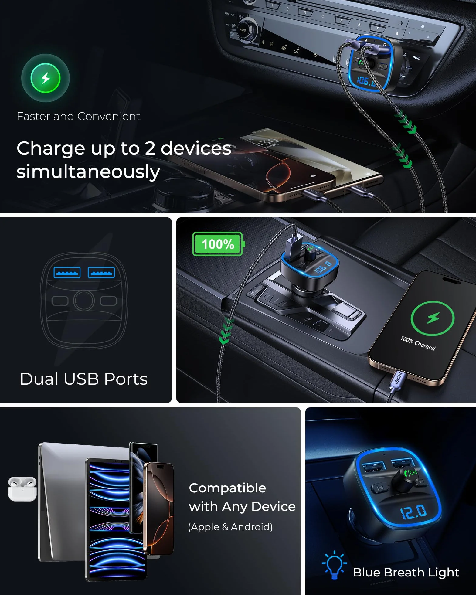 LENCENT 5.0 Samochodu Nadajnik FM Bluetooth, 2022 Ulepszony Nadajnik Bluetooth FM Bezprzewodowy z Podwójnym ładowaniem USB Ładowarka samochodowa Odtwarzacz MP3 Obsługa kart TF i dDysków USB