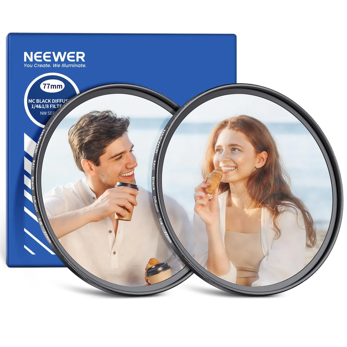 NEEWER 77 mm 1/4 i 1/8 czarny filtr do obiektywu aparatu dyfuzyjnego, zestaw 2 sztuk, czarny filtr z efektem kinowym Pro Mist wielowarstwowa szklana torba do przechowywania, ściereczka do czyszczenia,