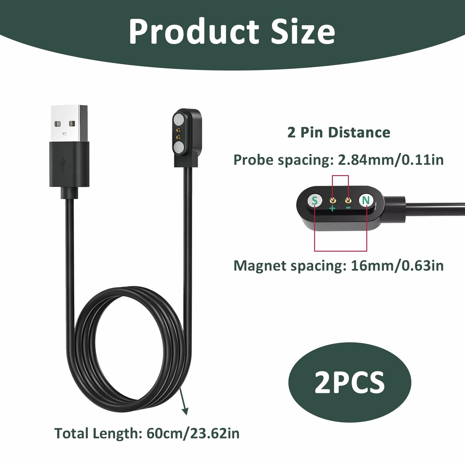 2 sztuki uniwersalnego kabla do smartwatcha, 2 piny, 5 V, uniwersalna magnetyczna ładowarka USB do inteligentnego zegarka, kompatybilny z magnesami o zasięgu 2,54-2,84 mm