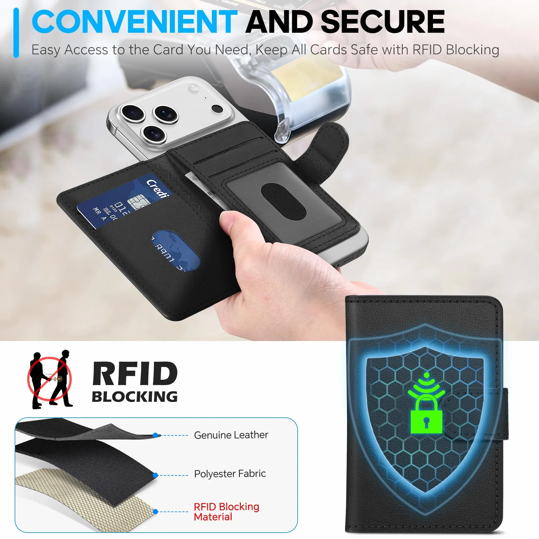 SHIELDON prawdziwa skóra portfel magnetyczny, blokada RFID, 6 przegródek na karty i okienko na dowód osobisty, smukły portfel kompatybilny z serią iPhone 16/15/14/13/12 - czarny
