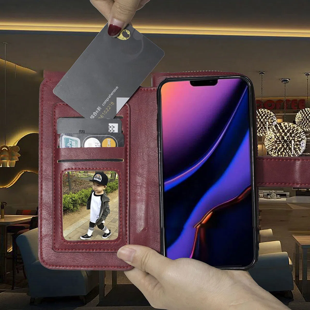 Etui do iPhone 14 / 14 Pro / 14 Plus / 14 Pro Max, skórzane etui portfelowe w stylu retro, zamek błyskawiczny, etui na telefon komórkowy, skóra PU, z klapką, bumper, z 8 przegródkami na karty, funkcja stojaka, czerwone, 14 Pro Max 6,7"