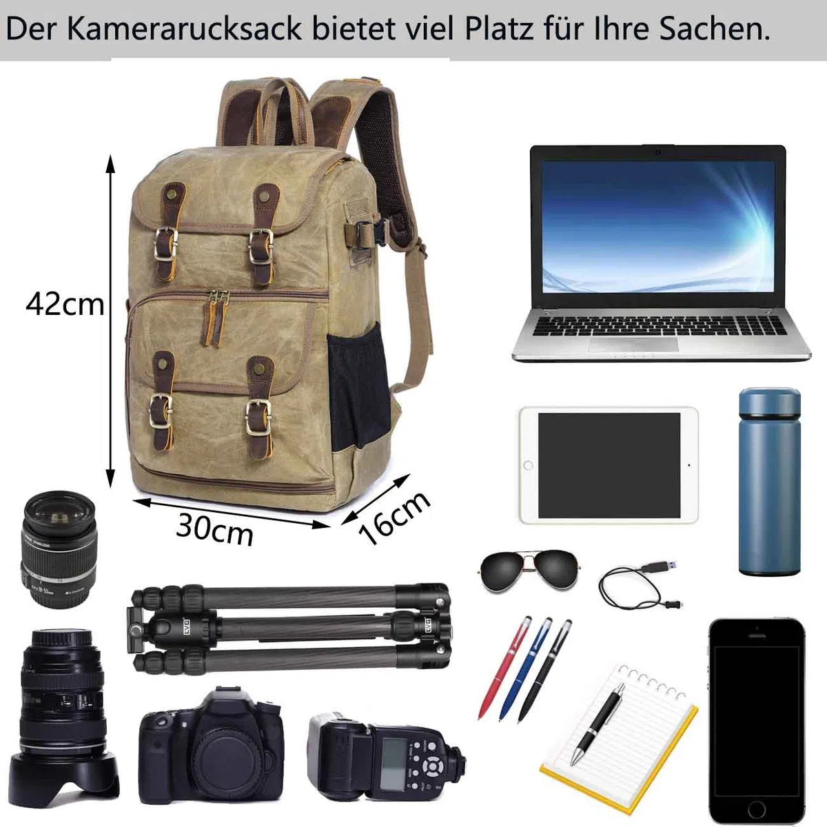 Neuleben Plecak na aparat fotograficzny, z kieszenią na laptopa, schowek na akcesoria, wodoszczelny w stylu vintage, do kamery DSLR, szary, Einheitsgröße, Plecak