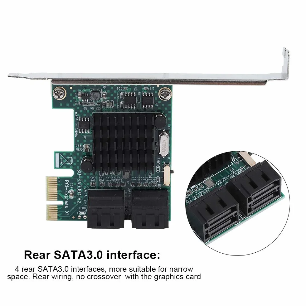 Goshyda Karta rozszerzeń SATA 3.0, 4-portowa karta rozszerzeń PCIE do SATA 3.0, adapter karty kontrolera 6G z większym radiatorem i przegrodą 2U
