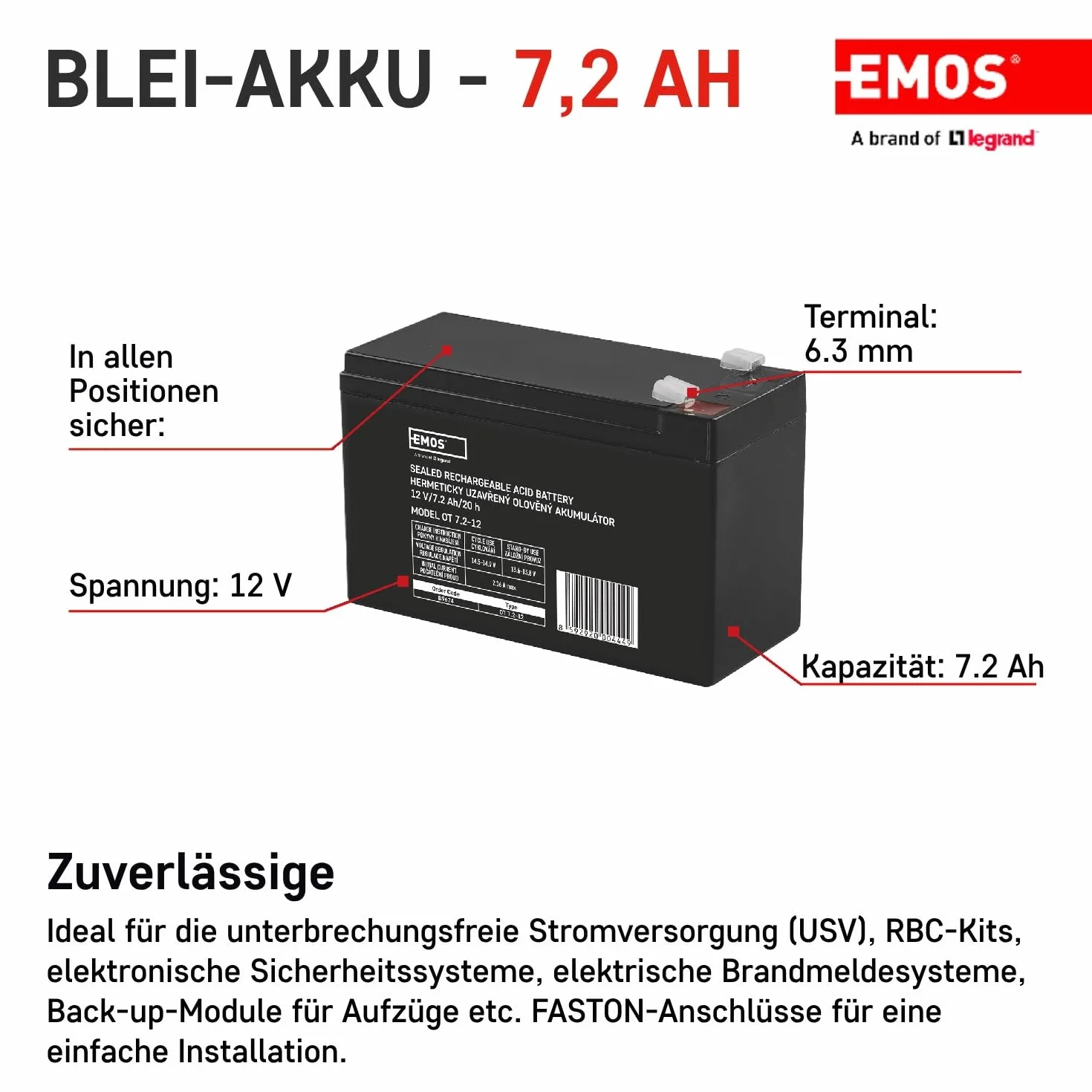 Emos bezobsługowy akumulator ołowiowy (12 V, 7,2 Ah Faston 6,3 mm, 1 sztuka, b9674