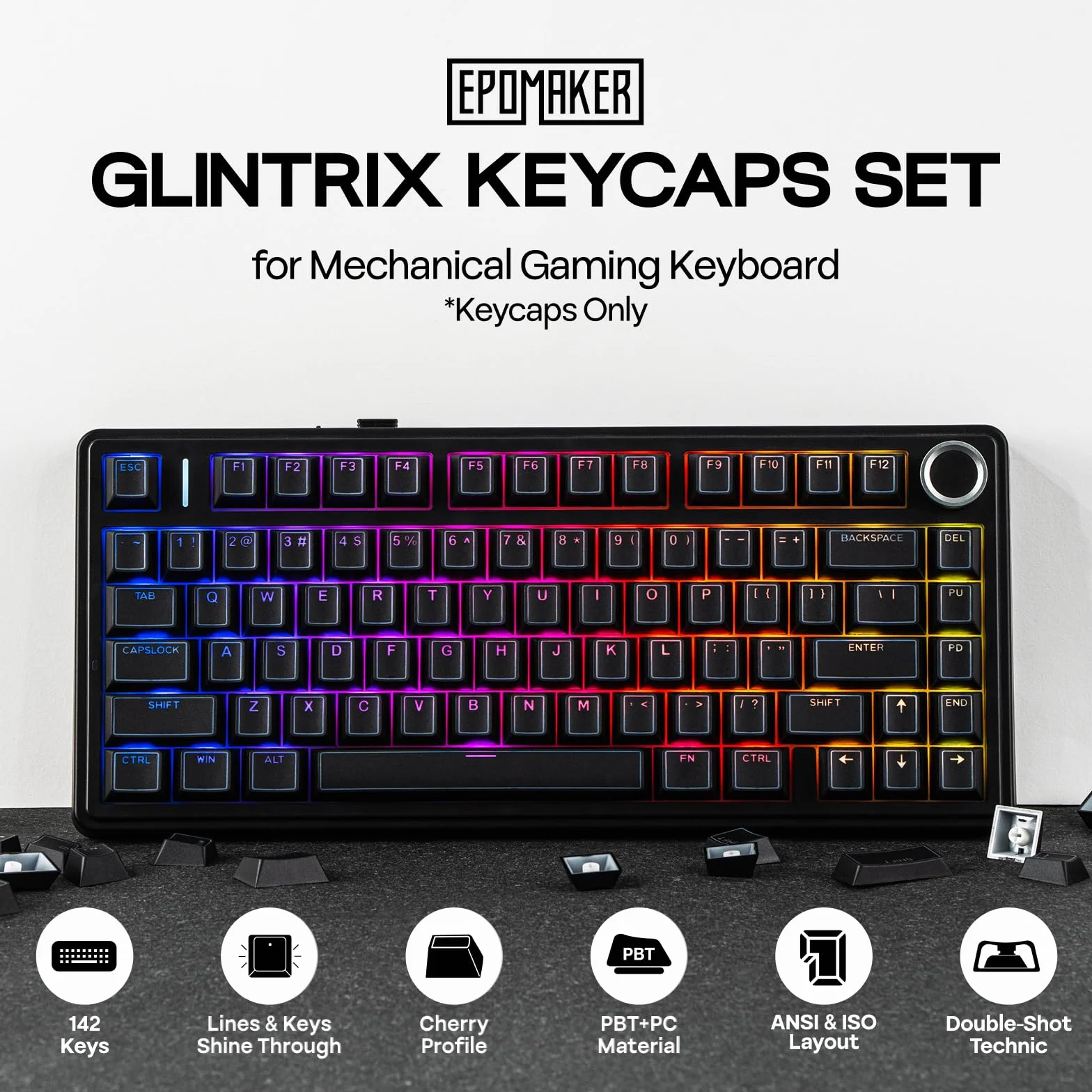 EPOMAKER Glintrix PBT Shine Through Keycaps, Arris & Keys Backlit, Double Shot, Cherry Profile, 60/75/96/pełny rozmiar, niestandardowy zestaw klawiszy do mechanicznej klawiatury do gier (czarne)