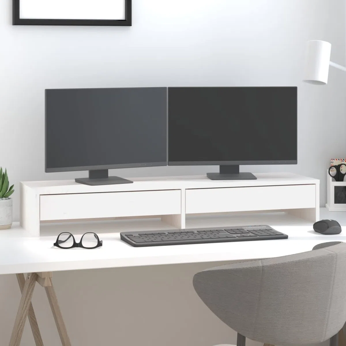 ShGaxin Stojak na monitor, stojak na ekran komputera, akcesoria biurowe, stojak na monitor biurko, podstawa monitora, akcesoria biurkowe, lite drewno sosnowe białe 100 x 27 x 15 cm