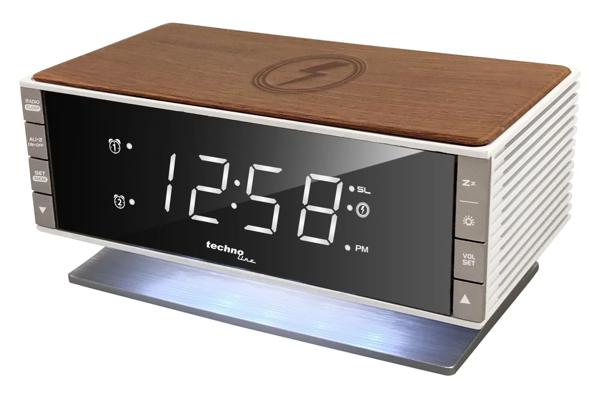 radiobudzik LED technoline WT487, kompatybilny z urządzeniami obsługującymi technologię Qi (ładowanie bezprzewodowe, funkcja ładowania indukcyjnego)