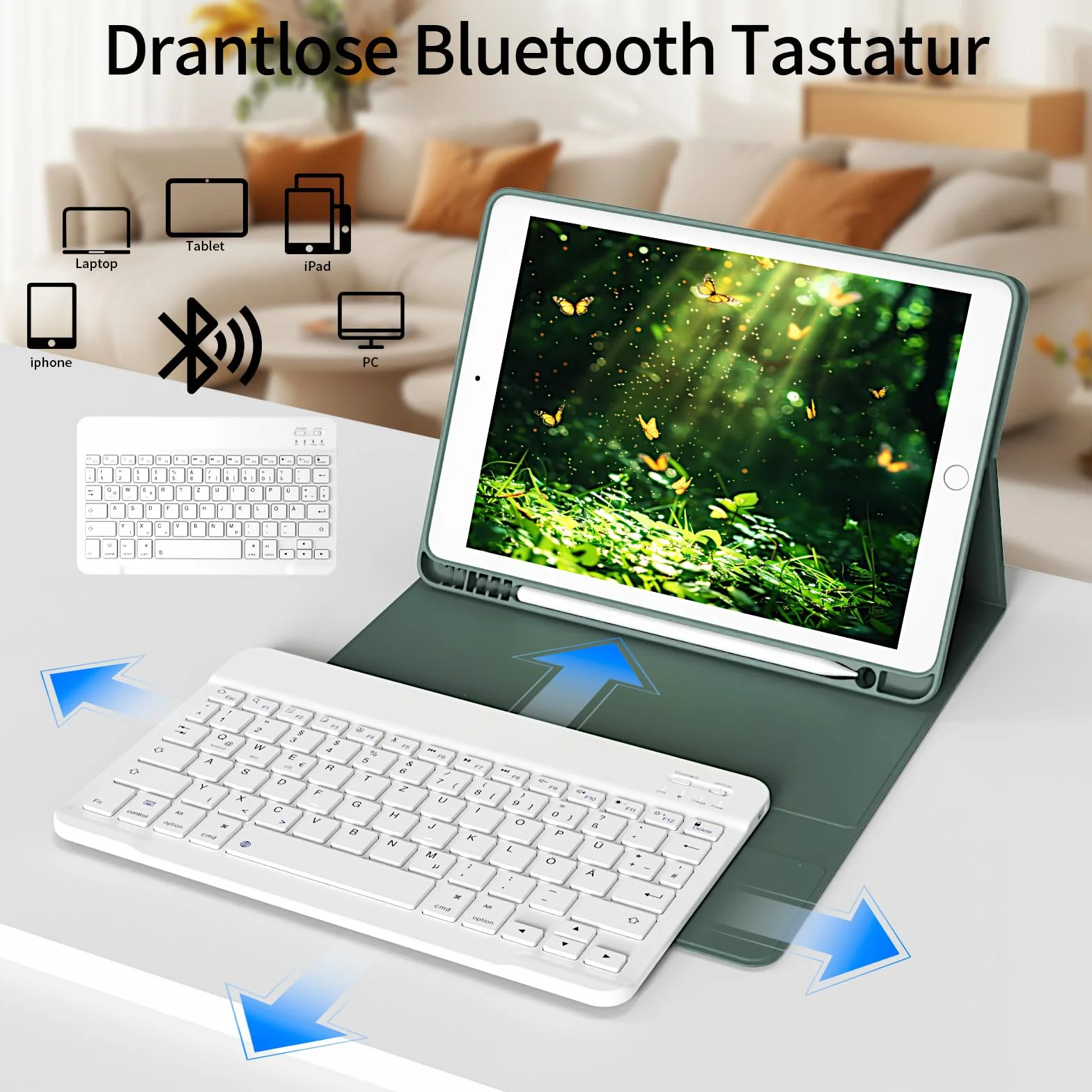 Etui z klawiaturą do iPada 9/8/7 gen (2021/2020/2019) 10,2 cala, TPU, QWERTZ, Bluetooth, zielony