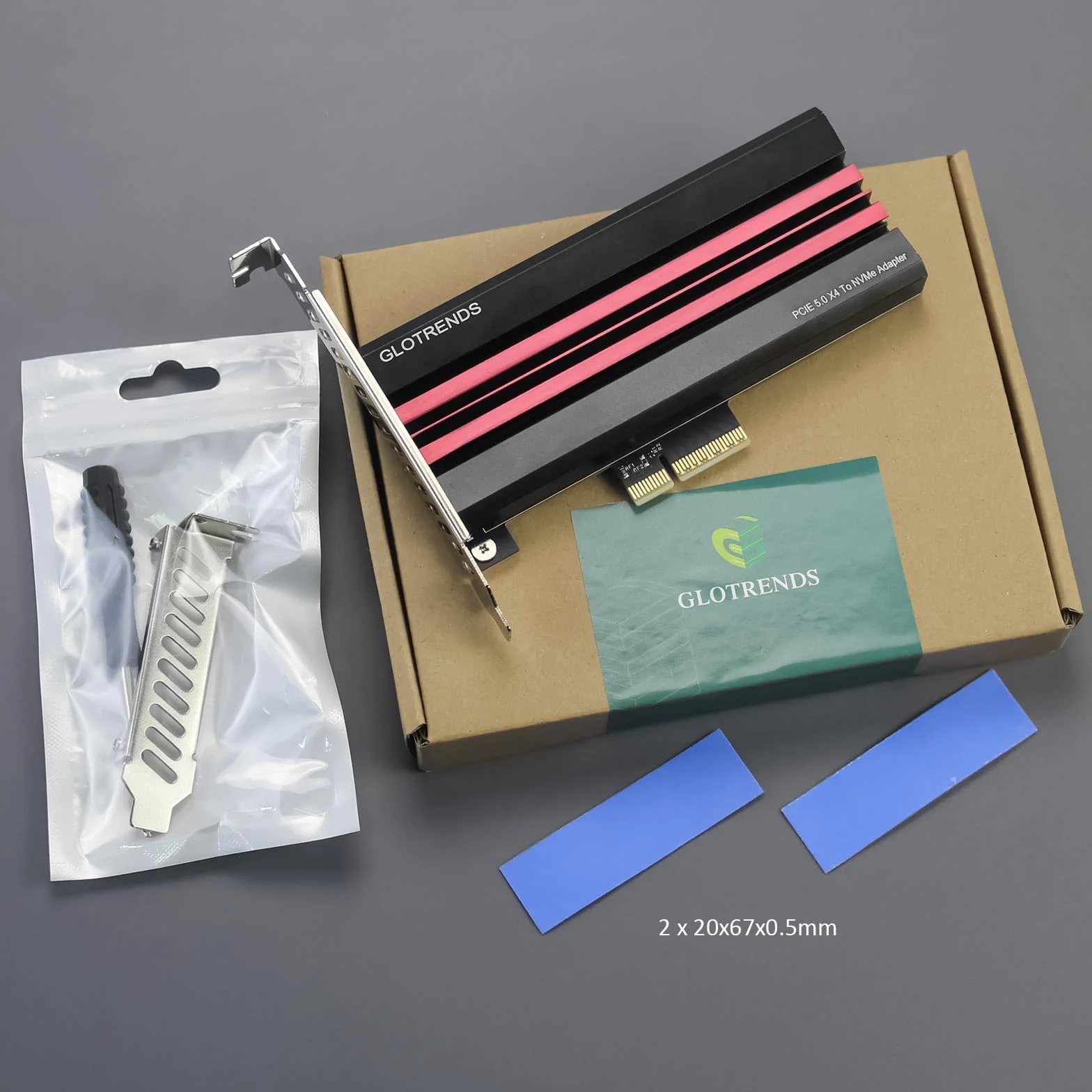 GLOTRENDS PA19 Adapter M.2 NVMe do PCIe 5.0 X4 dla M.2 NVMe SSD, duża aluminiowa osłona radiatora, zwykły i niskoprofilowy wspornik