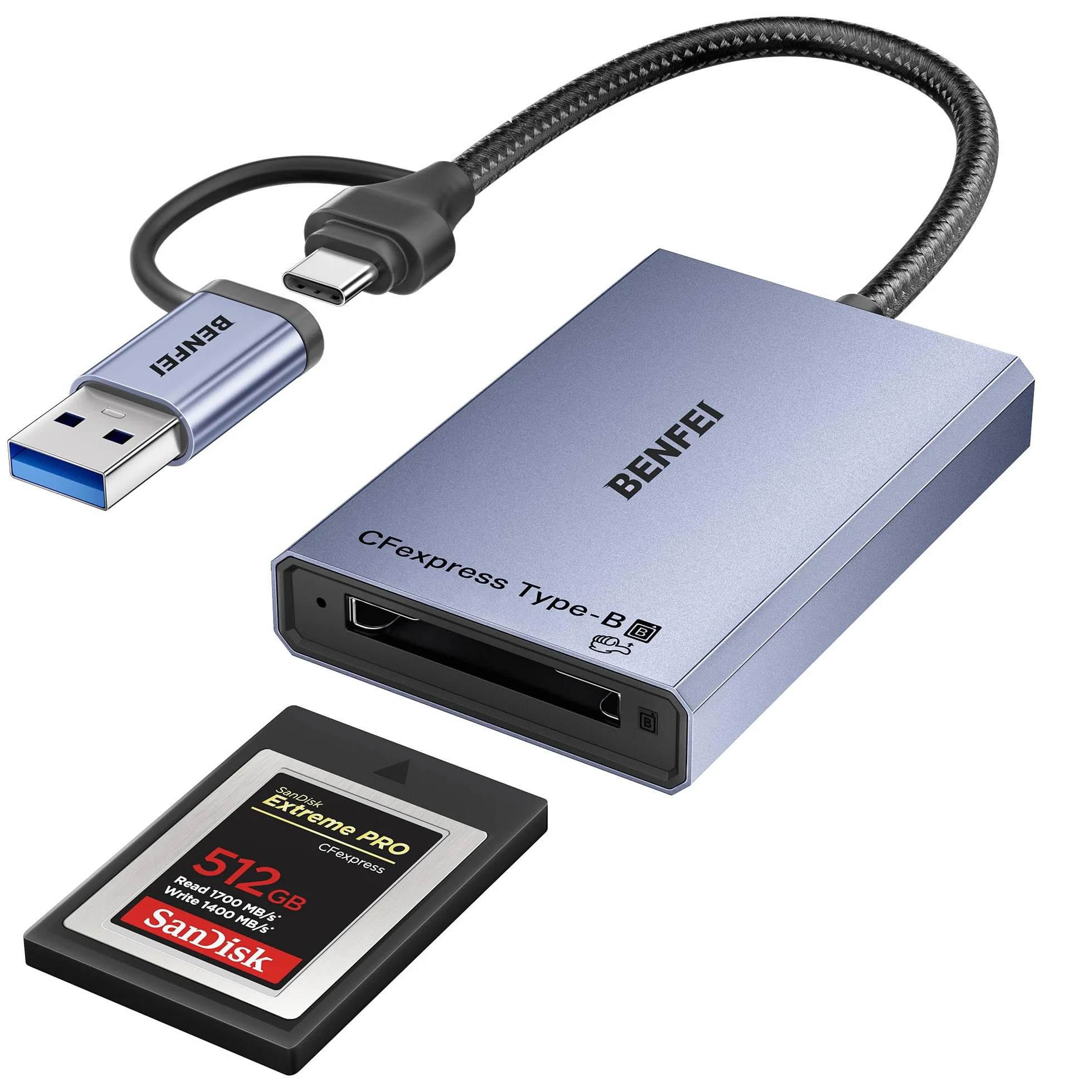 Czytnik kart BENFEI CFexpress typu B z USB 3.2 (Gen 2) 10 Gb/s, adapterem CFexpress 2 w 1 typu B USB-C i USB-A, kompatybilny z systemami Windows/Mac/Linux/Android (nie dla karty XQD)