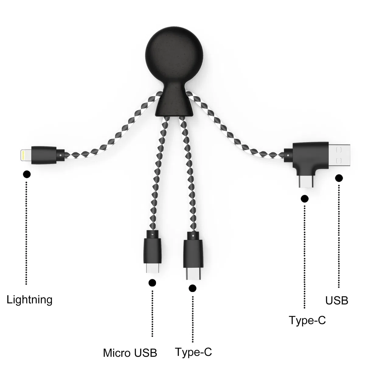 Xoopar - Mr Bio 4w1 kabel Multi USB w kształcie czarnej ośmiornicy - uniwersalna ładowarka z tworzywa sztucznego z recyklingu - gniazdo USB, USB-C, Lightning, Micro USB do uniwersalnego smartfona