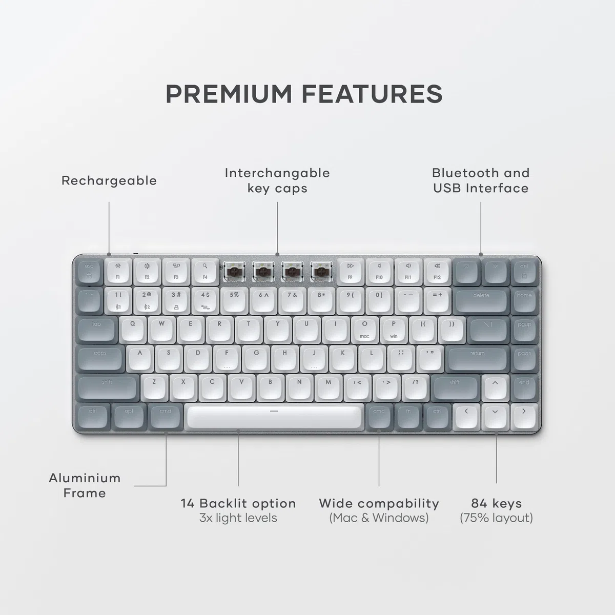 SATECHI klawiatura mechaniczna SM1, amerykański układ QWERTY, szaro-biała | Bluetooth, kompaktowy format 75%, 84 klawisze, podświetlenie i akumulator, do gier oraz komputerów Mac i PC z Windows