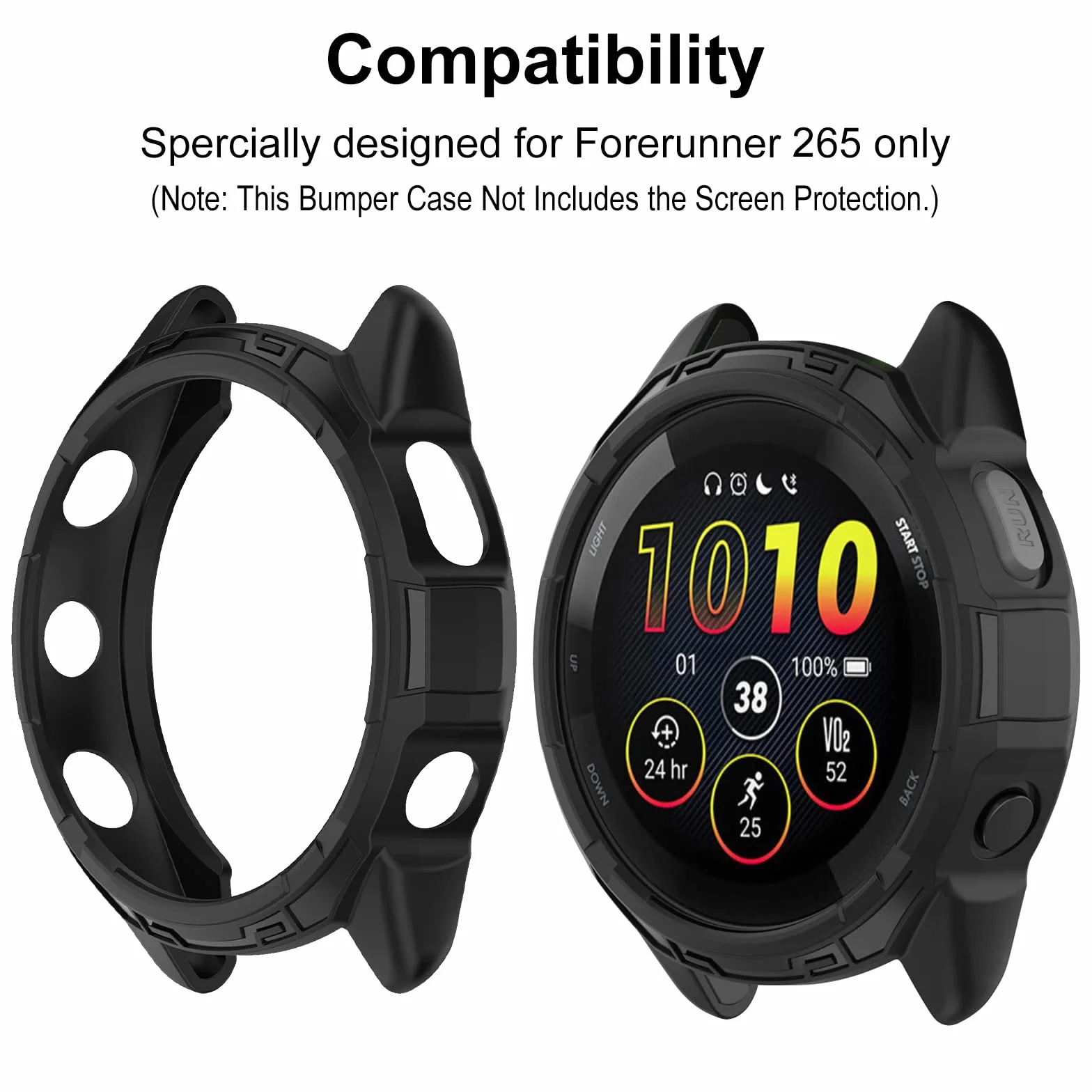 Cover Kompatybilny z Garmin Forerunner 265, Miękki elastyczny TPU Case,Trwałe etui kompatybilne z Garmin Forerunner 265 - czarny