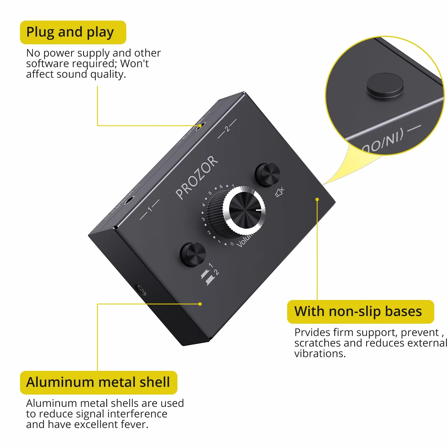 PROZOR Dwukierunkowy przełącznik audio, 3,5 mm, przełącznik audio, 2 (1) IN-1(2) Out z regulacją głośności, kabel 3,5 mm do komputera, telewizora, głośników