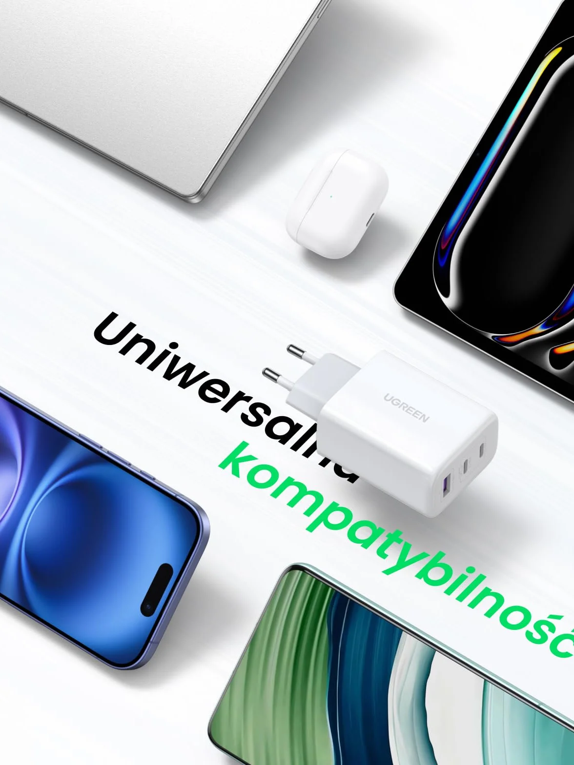 UGREEN 65W 3-portowa szybka ładowarka USB C kompatybilna z MacBook Pro, iPhone, Galaxy S23 Ultra, S22, S21 (Biały)