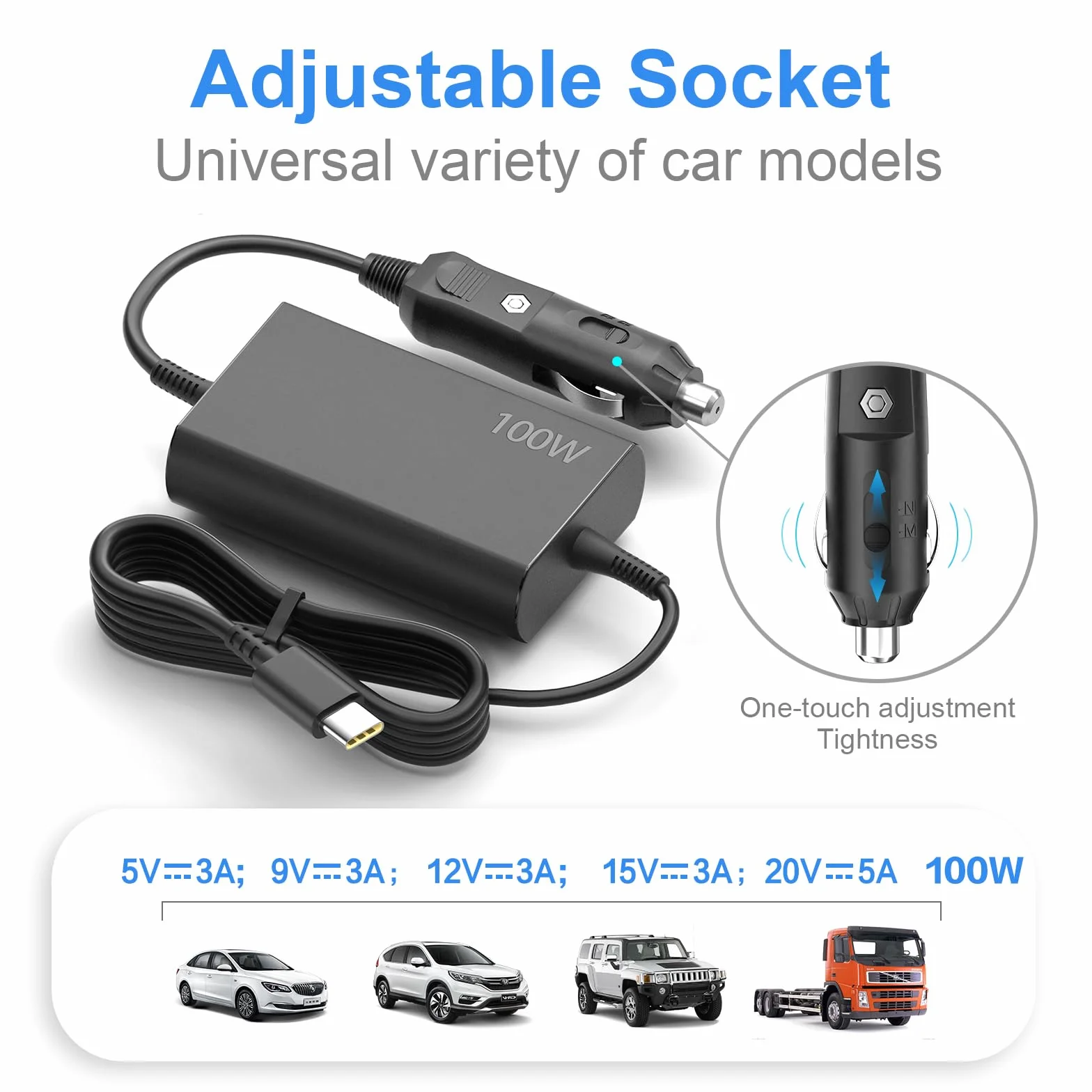 Ładowarka samochodowa USB C 100 W zasilacz samochodowy 12 V-24 V do Lenovo ThinkPad IdeaPad Yoga ThinkBook Asus ROG Flow HP Dell Acer Surface Book 2 MacBook Pro/Air Huawei Razer MSI kabel do ładowania