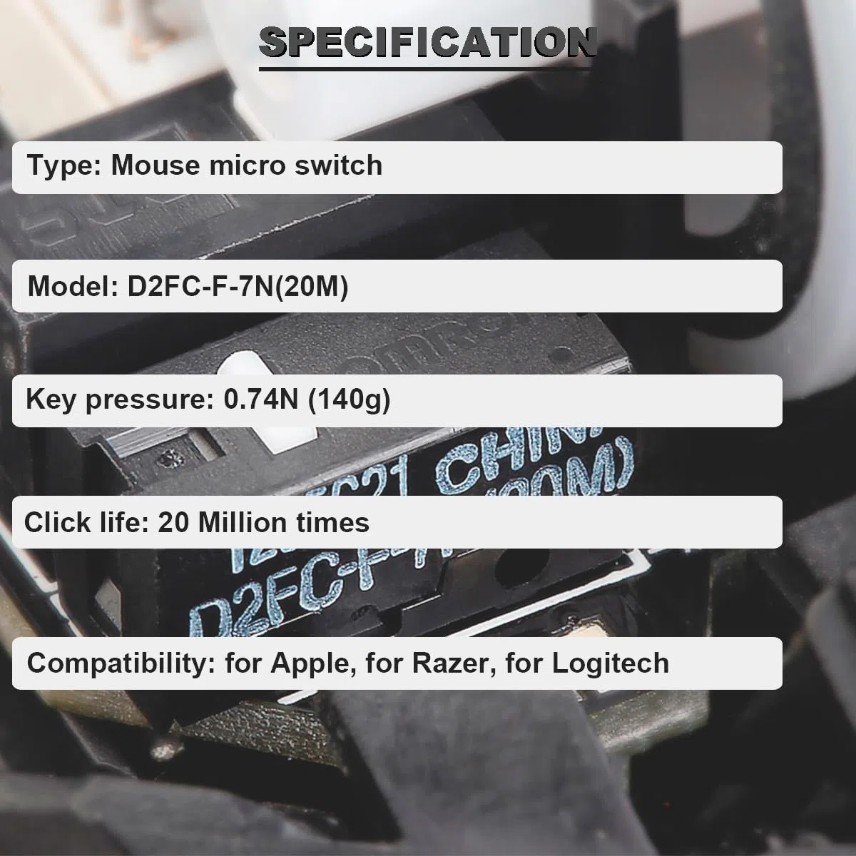 D2FC-F-7N (20 m) moduł Micro Switch D2FC-F-7N przełącznik z wyraźnym kliknięciem z przyciskiem mysz po naprawie, metalowe naklejki do myszy Logitech, Razer, Apple, 10 sztuk