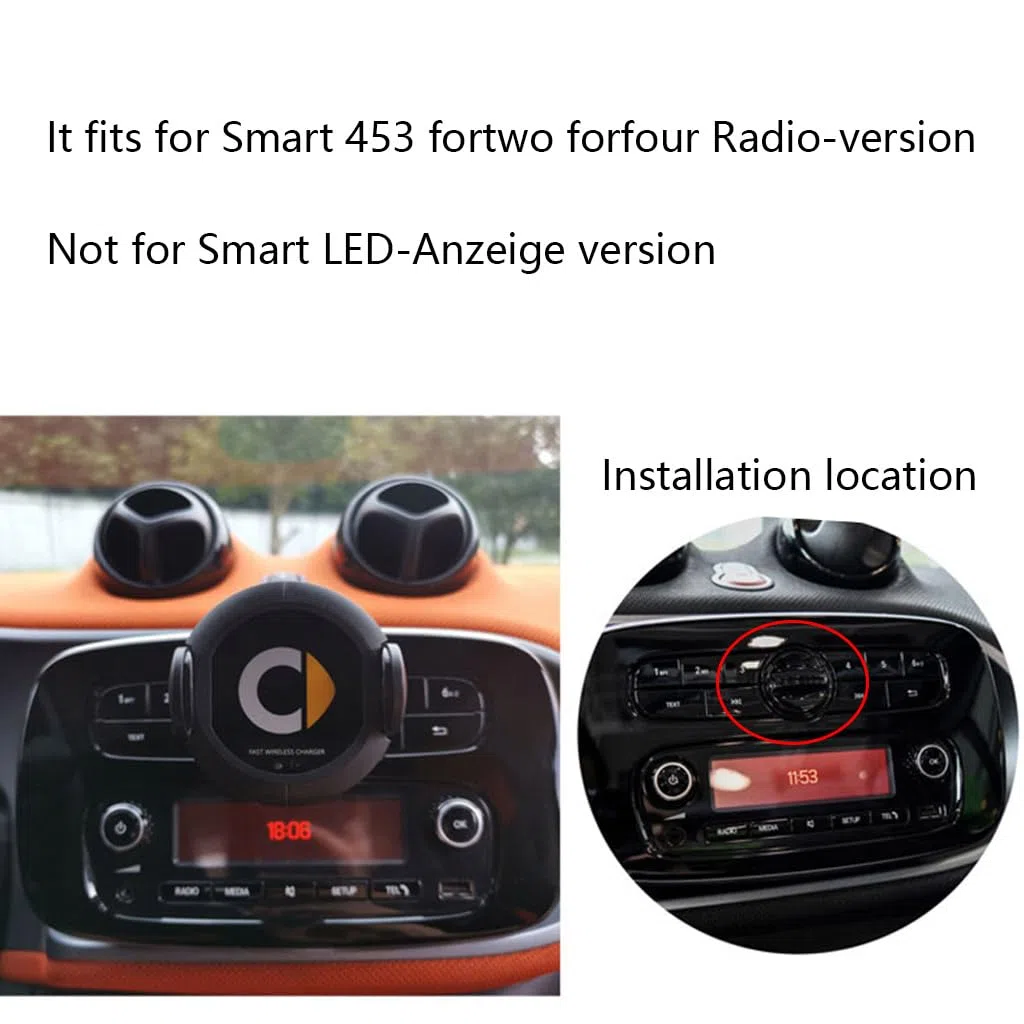 SHIFENG Samochodowy uchwyt do bezprzewodowego ładowania telefonu kompatybilny z Smart 453 Fortwo Forfour 2015-2021 360 regulowane akcesoria do montażu obrotowego