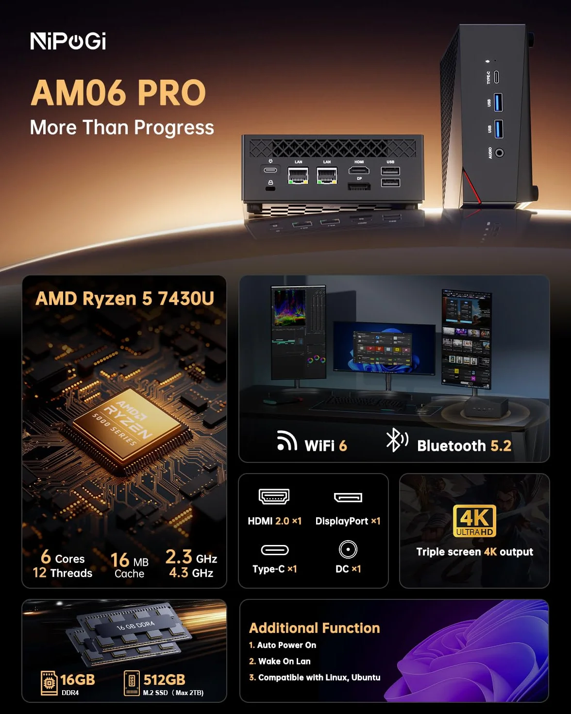NiPoGi AM06 PRO Mini PC, АMD Ryzen 7 5800U (8C/16T, do 4,4 GHz), 16 GB DDR4 512 GB SSD Mini Desktop Computer WiFi 6, BT 5.2, Dual-LAN, DP/HDMI 2.0/Type-C 4K UHD Triple Display do gier/biura.