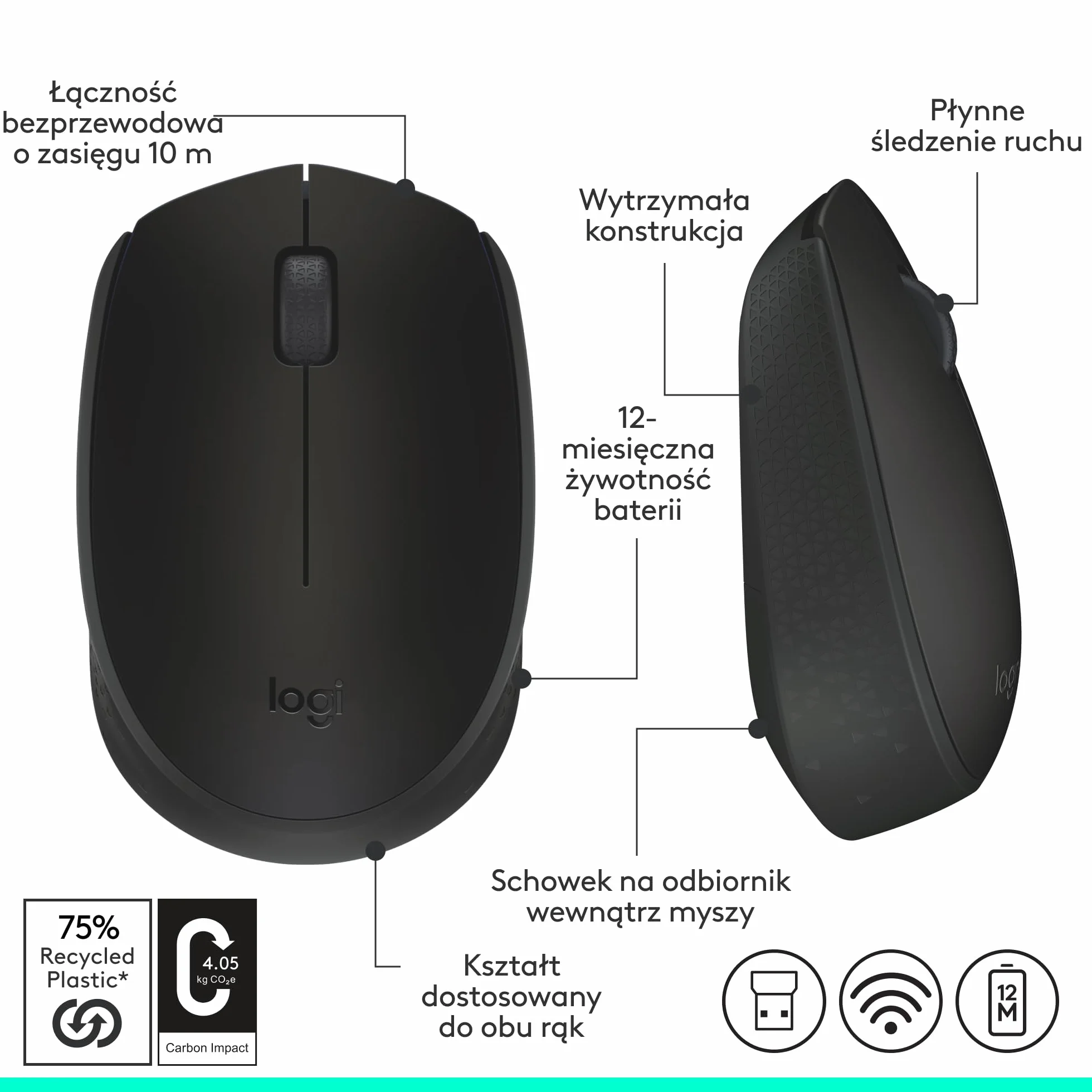 Logitech M171 Mysz Bezprzewodowa do PC, Mac, Laptopów, 2,4 GHz z Miniodbiornikiem USB, Optycznym Śledzeniem, 12-Miesięczną Żywotnością Baterii, Oburęczna - Czarny