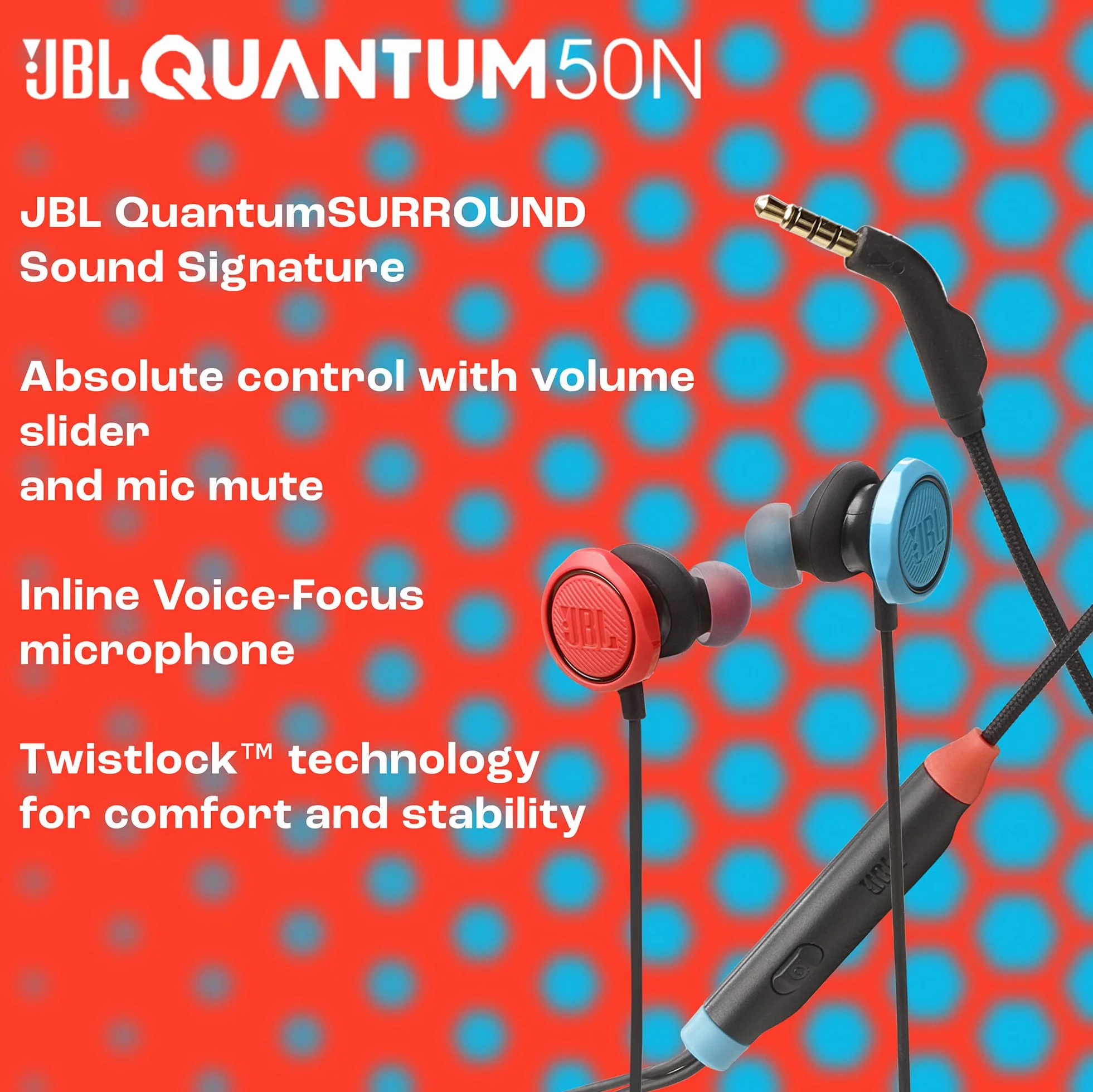 JBL Quantum 50 N Słuchawki Przewodowe Douszne do Gier z Mikrofonem z Funkcją Wyciszenia, USB C i Dźwiękiem JBL QuantumSURROUND, Kompatybilne z Wieloma Platformami, Niebiesko-czerwone