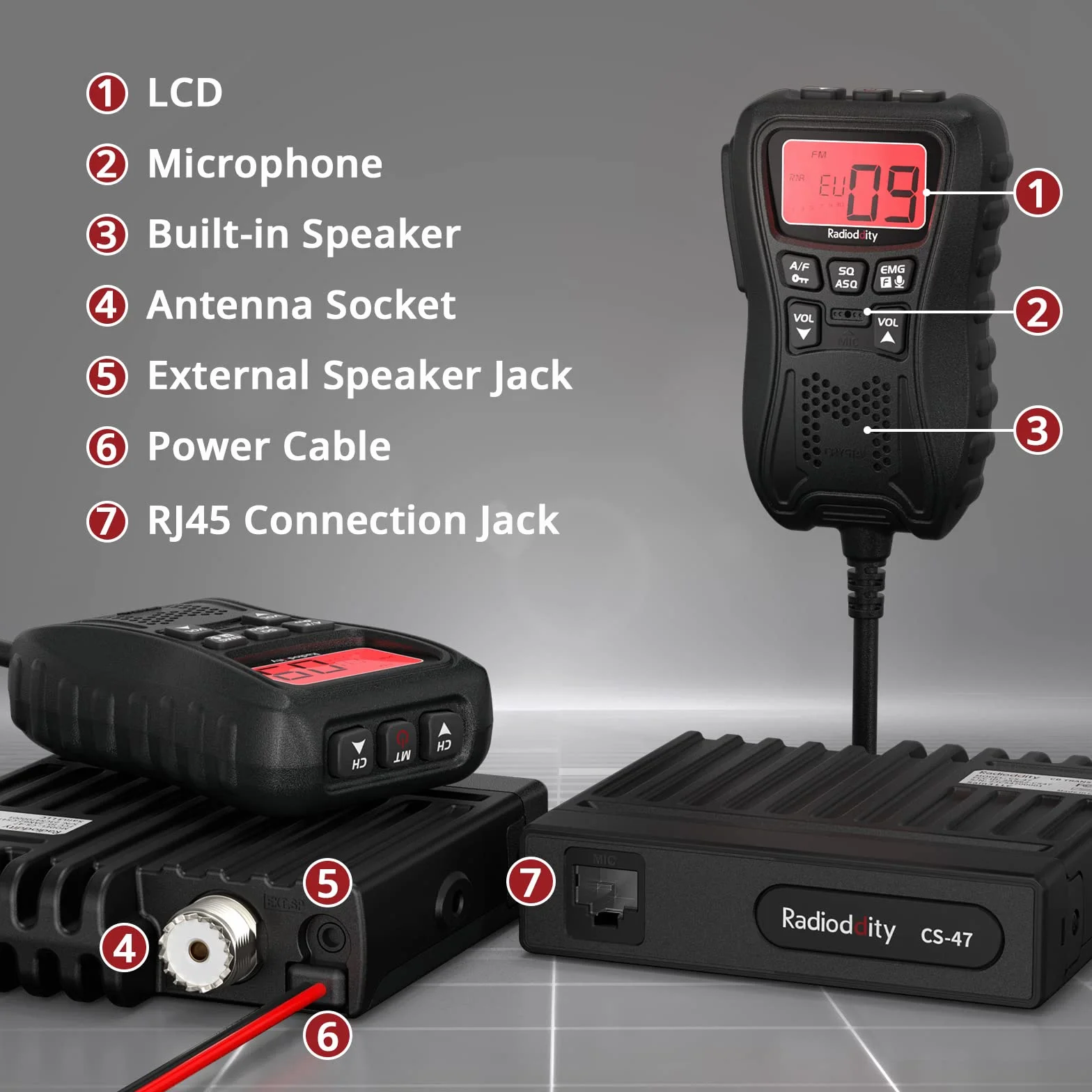 Radioddity CS-47 Mini CB Radio, AM/FM, 40-kanałowe, jednoręczne mikrohone, wbudowany głośnik, redukcja szumów, duży 7-kolorowy podświetlany wyświetlacz LCD, VOX, wzmocnienie RF dalekiego zasięgu do