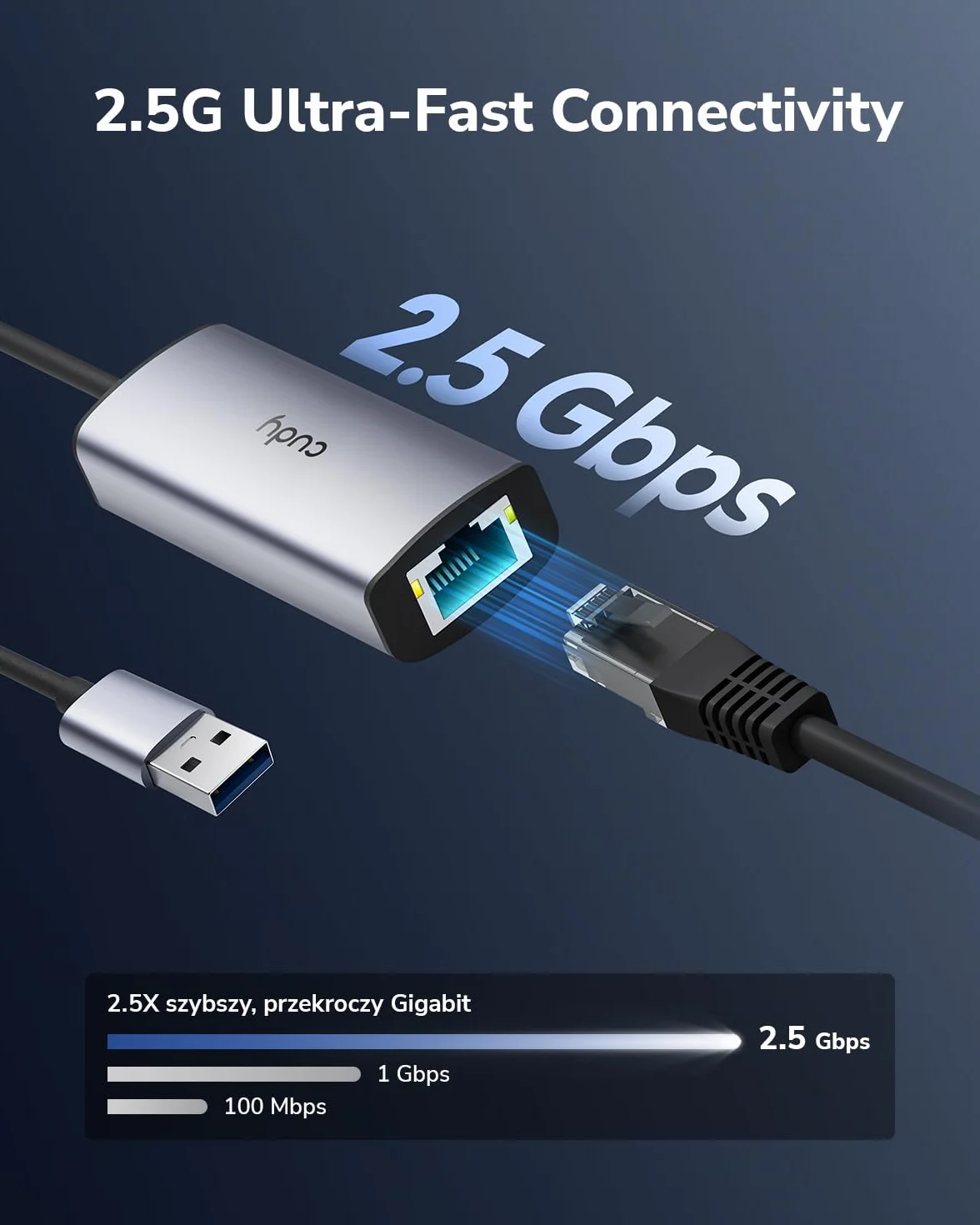 Cudy Adapter Ethernet USB-A na 2,5 Gb/s, adapter sieciowy USB 3.0, aluminiowy adapter internetowy RJ45 LAN bez sterowników, kompatybilny z Switch, MacBookiem, TV Box, XPS, Steam Dec, UE25A