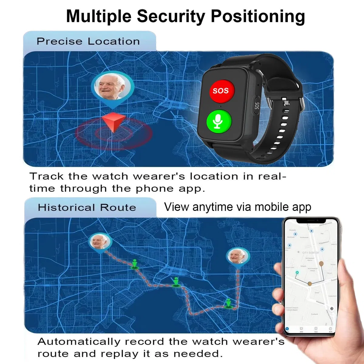 Zegarek alarmowy dla seniorów, zegarek awaryjny z czujnikiem upadku i lokalizatorem GPS, połączenie alarmowe SOS i monitorowanie zdrowia, dwukierunkowa telefonia, IP67, wodoodporny do