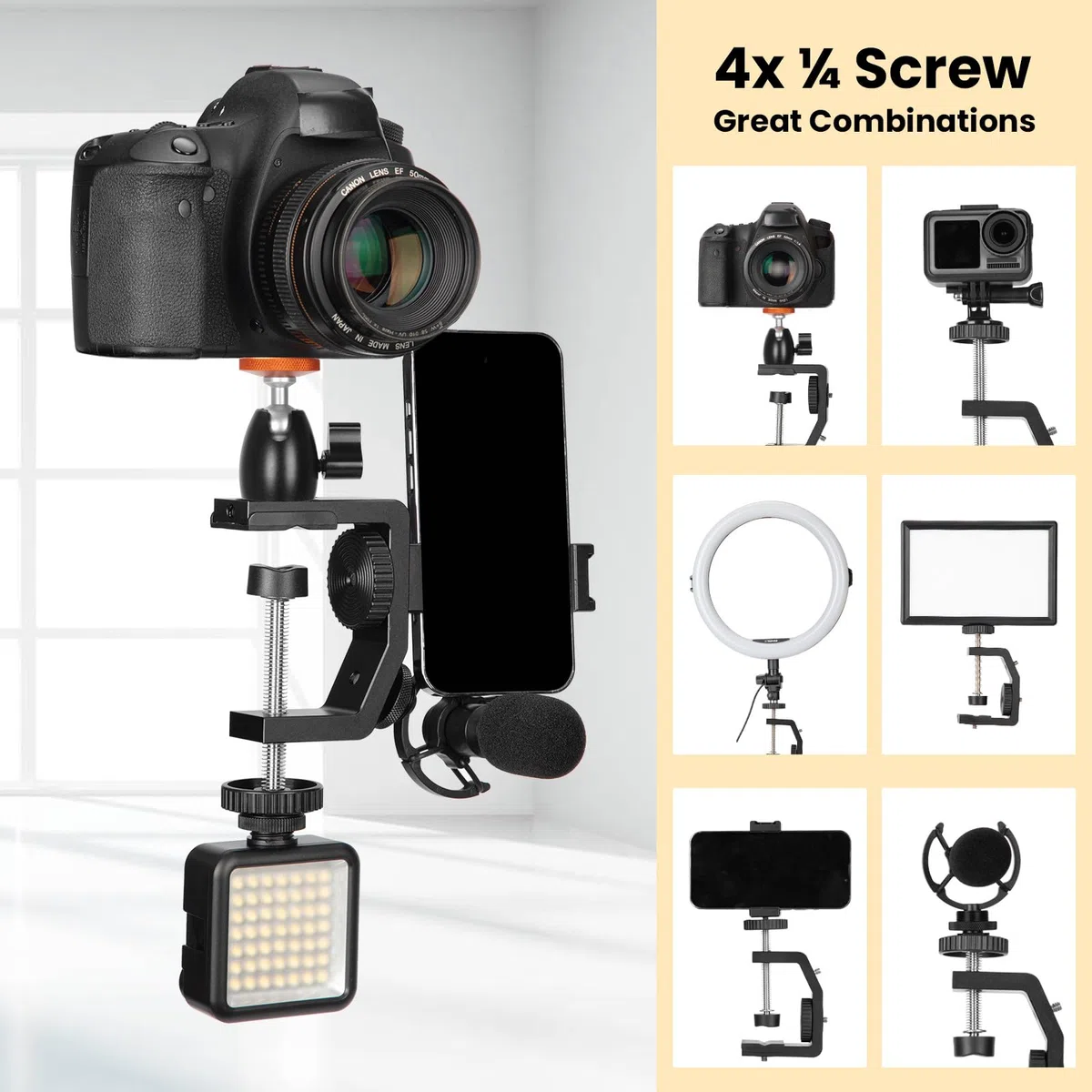 TARION Super statyw zaciskowy z głowicą kulową: zacisk C statyw do aparatów DSLR, stop aluminium, uchwyt zaciskowy ze śrubą 1/4 cala i mini głowicą kulową do fotografii, wideo