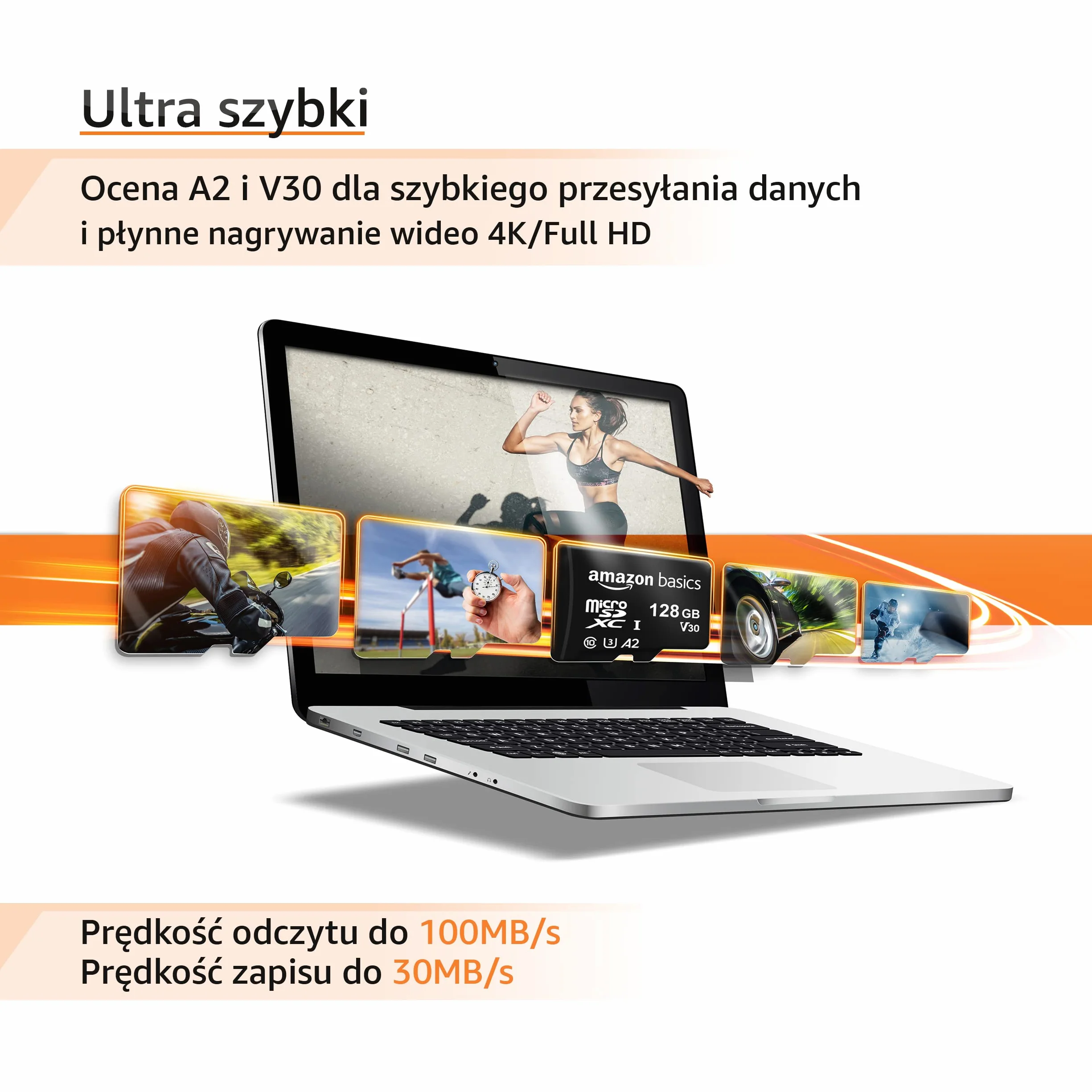 Amazon Basics Karta Pamięci microSDXC z Pełnowymiarowym Adapterem, A2, U3, Prędkość Odczytu do 100MB/s, 128GB, Czarna