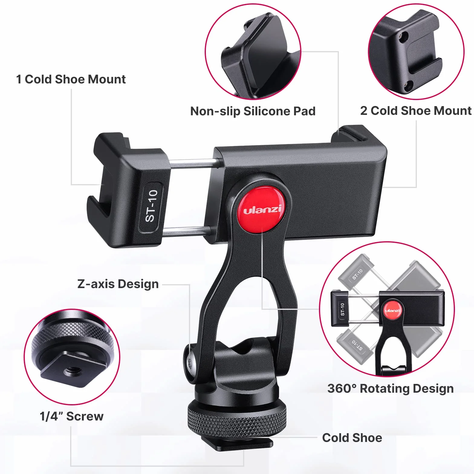 ULANZI Metalowy statyw do telefonu ST-10, uniwersalny adapter do smartfona 360° z 2 uchwytami na zimną stopkę, regulowany uchwyt zaciskowy do telefonu komórkowego, kompatybilny z iPhone, Samsung