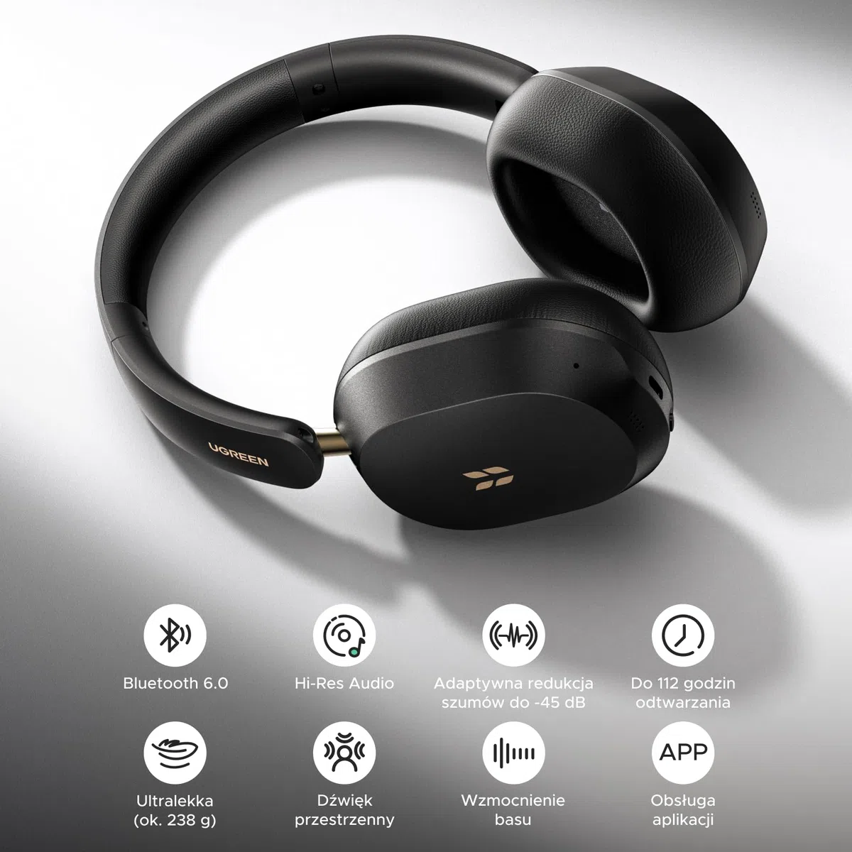 UGREEN HiTune Max5s Bluetooth Over Ear z -45 dB Hybrid-ANC | bezprzewodowe bluetooth z LDAC, Hi-Res Podwójne złoto i LDAC, 112h baterii, 5-mikrofon AI-ClearCall, Lekka konstrukcja