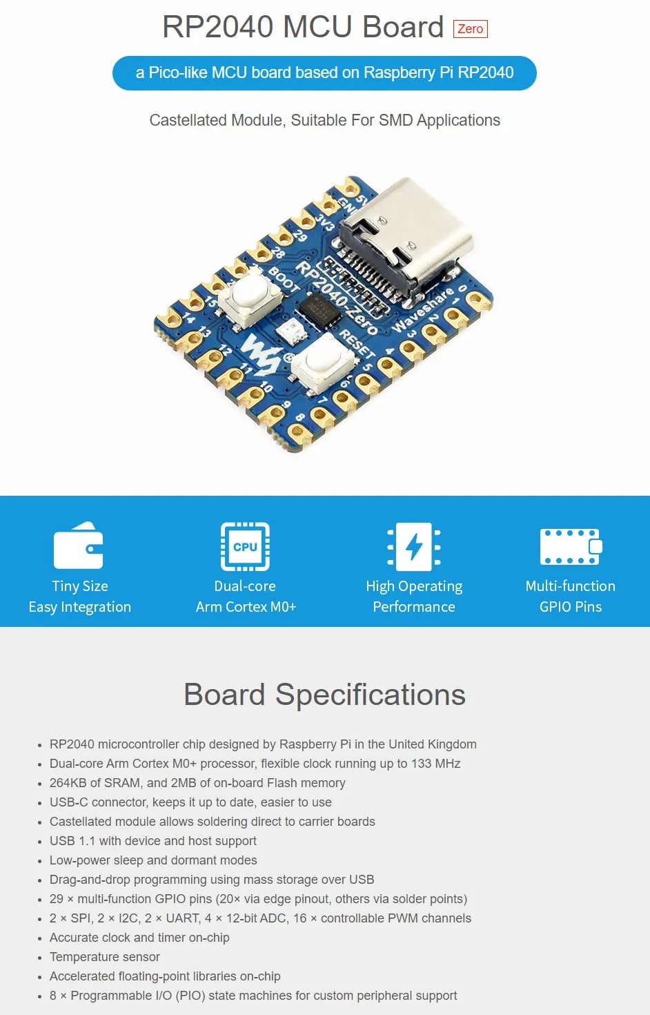 Waveshare RP2040-Zero with Pre-soldered Header(2pcs), High-Performance Pico-Like MCU Board Based on Raspberry Pi Microcontroller RP2040 Castellated Module Allows Soldering Direct to Carrier Boards