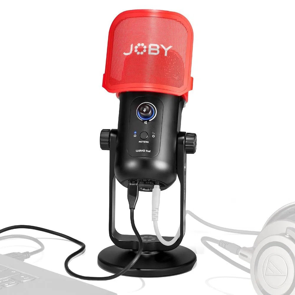 JOBY Wavo POD Mikrofon pojemnościowy z połączeniem USB, mikrofonem do przesyłania strumieniowego, podcastu, wywiadu, wyciszenia i wzmocnienia przez Micro USB, możliwość powrotu przez słuchawki,