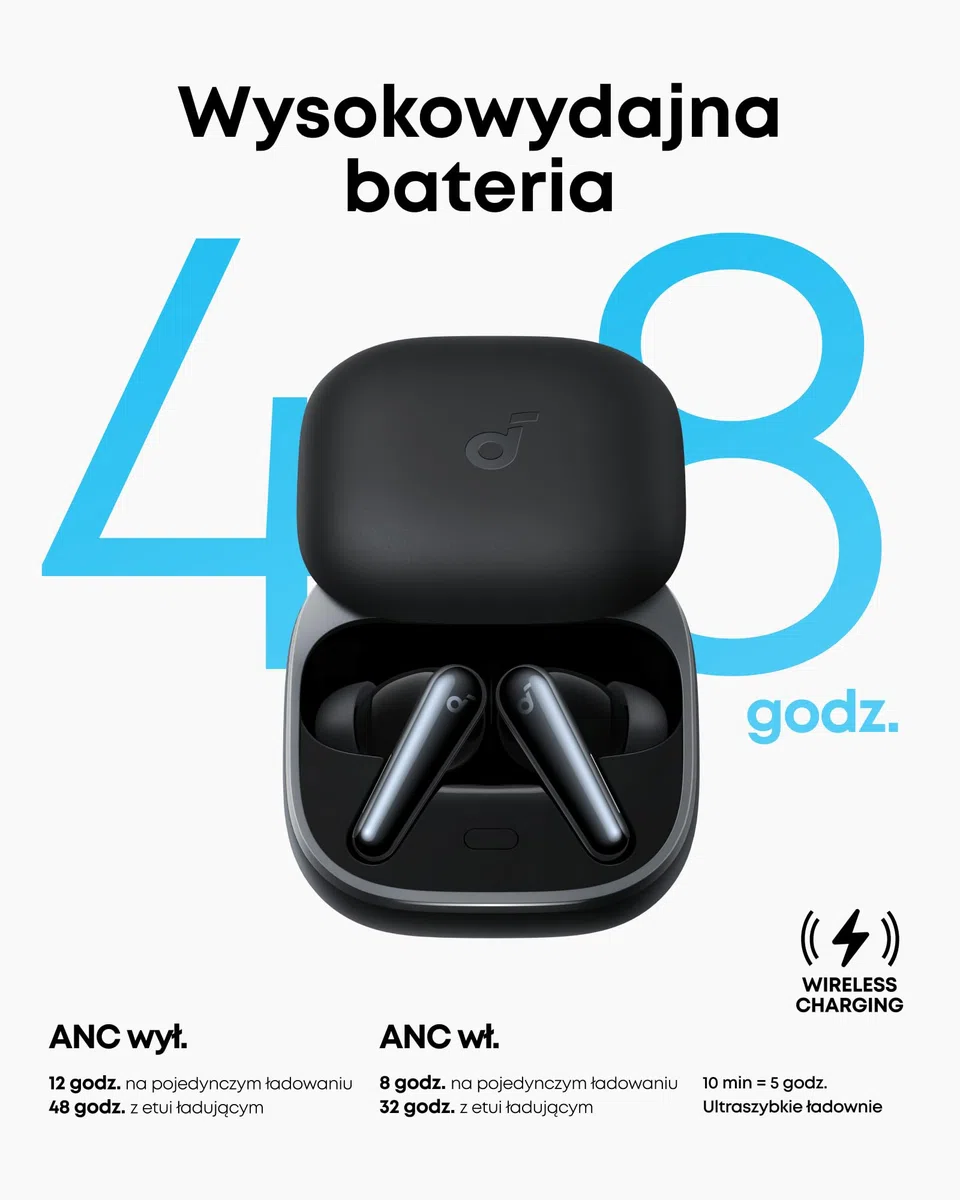 soundcore Liberty 5 Firmy Anker, Bezprzewodowe Słuchawki z Tłumieniem Hałasu, 2x Silniejsza Redukcja Głosu, Adaptacyjne Tłumienie Hałasu, Szybkie Ładowanie, Dolby Audio (Czarny)