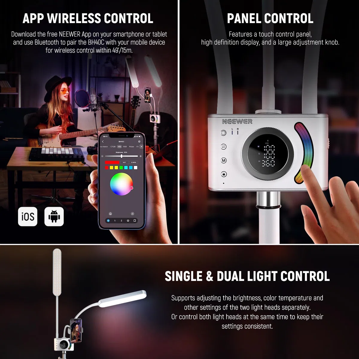 NEEWER BH40C Zestaw RGB, zestaw pałeczek świetlnych RGB, sterowanie aplikacją/paskiem dotykowym, dwuramieniowe oświetlenie wideo LED, uchwyt na telefon/statyw/torbę, 2500K-10000K 18 scen do tatuażu i