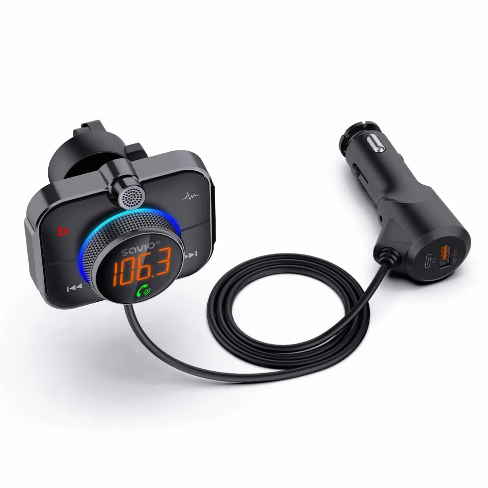 SAVIO Adapter Bluetooth do zapalniczki samochodowej - Nadajnik FM do samochodu Bluetooth - Adapter Bluetooth do samochodu - Adapter Bluetooth do radia samochodowego - Bluetooth 5.0 - Karta SD