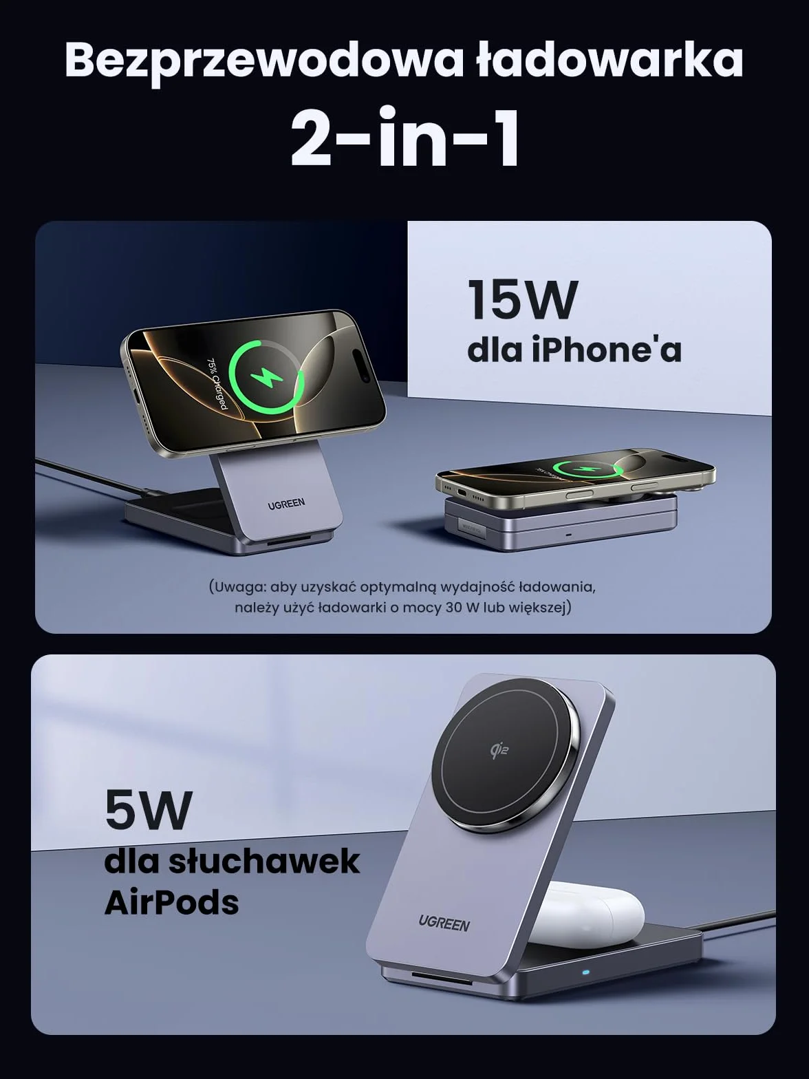 UGREEN MagFlow Qi2 stacja ładująca 15W magnetyczna 2w1 składana bezprzewodowa do iPhone 17/16/15/14/13/12 AirPods