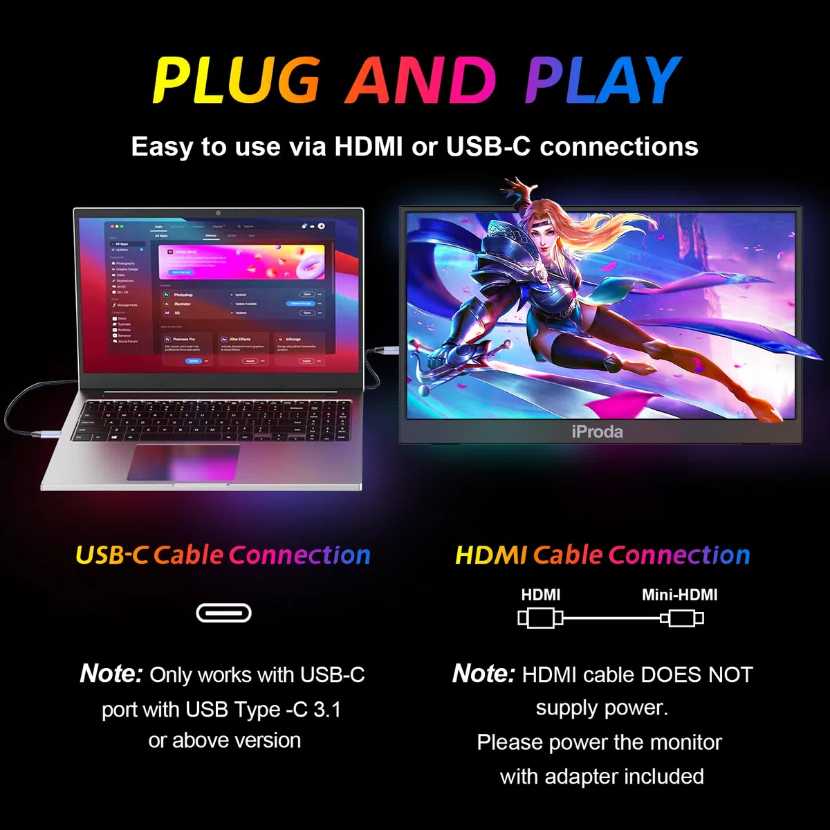 Przenośny monitor 18,5" 100% sRGB, ekran przenośny 1080p | Rozszerzenie ekranu laptopa z wbudowanym głośnikiem USB-C HDMI do komputera, telefonu komórkowego, Xbox, PS 3/4/5 i TV