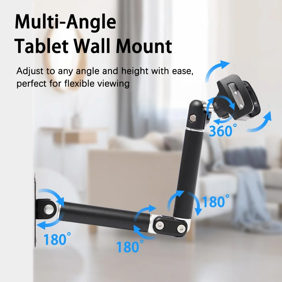 Uchwyt ścienny na tablet 360° obrotowy aluminiowy wysuwany składany z dzieloną podstawą kompatybilny z iPadem, Kindle, iPhone